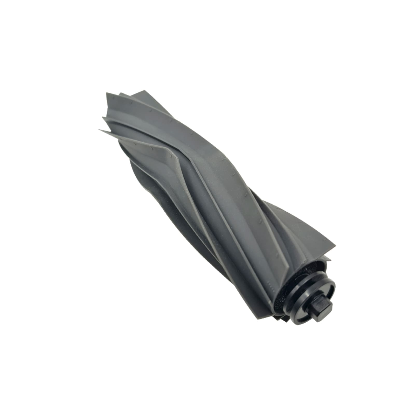 Rouleau de brosse d'aspirateur gris avec des lames en spirale et un embout noir sur fond blanc.