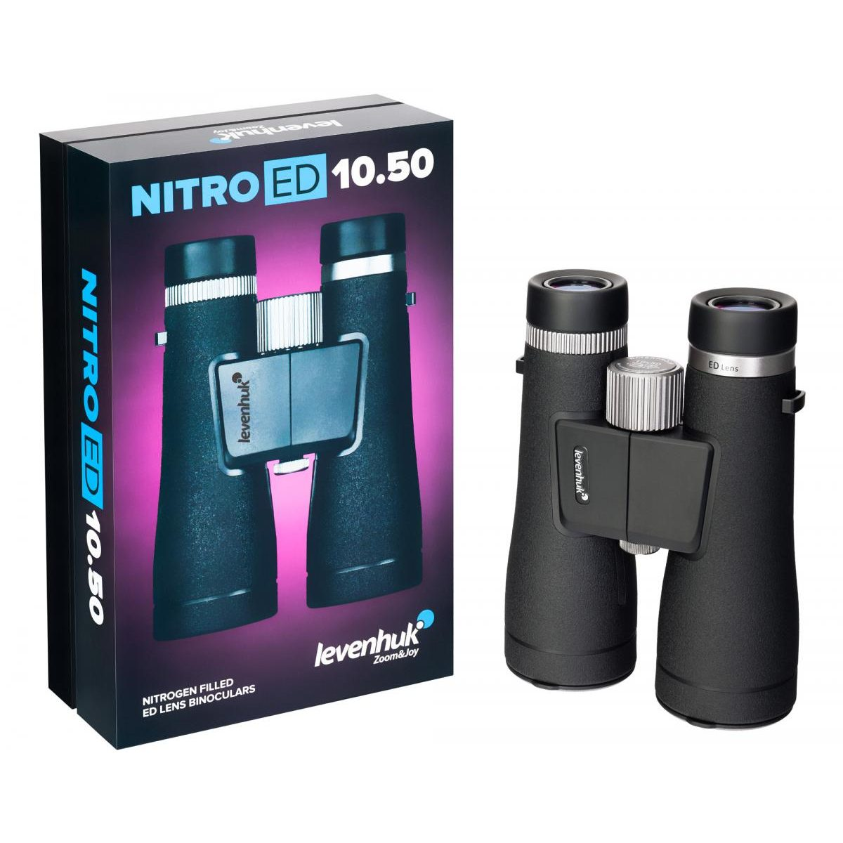 Schwarze Levenhuk Nitro ED 10.50 Ferngläser neben ihrer violett-schwarzen Verpackungsbox.