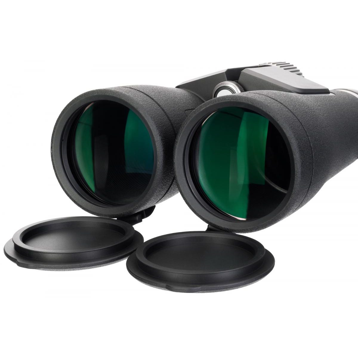 Schwarzes Fernglas mit großen grünen Objektivlinsen und abgenommenen Schutzkappen auf weißem Hintergrund.
