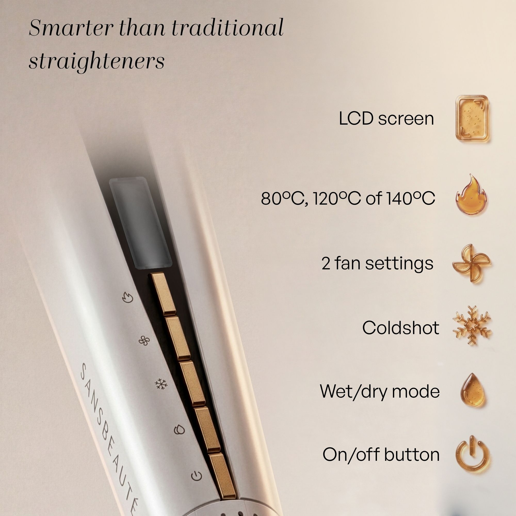 Primo piano di una piastra per capelli intelligente bianca con tasti dorati, schermo LCD e icone a destra.