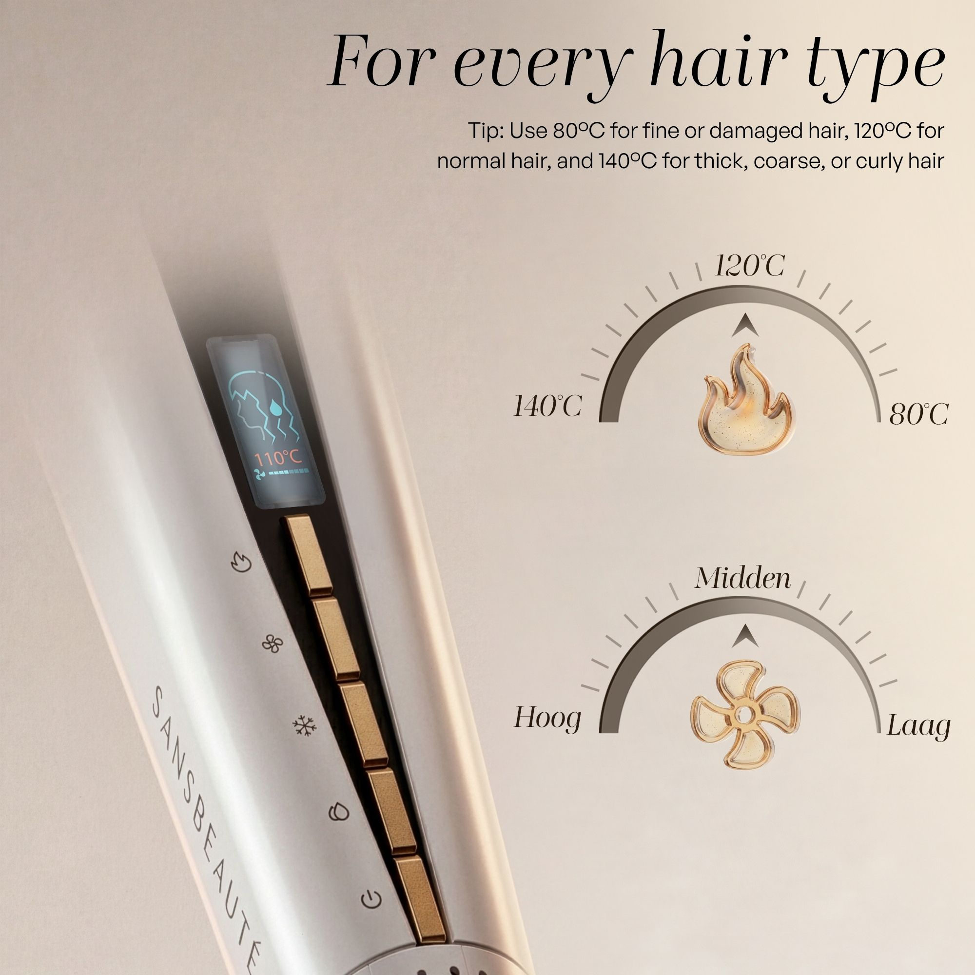 Uno strumento per capelli bianco con pulsanti dorati, schermo digitale e selettori.