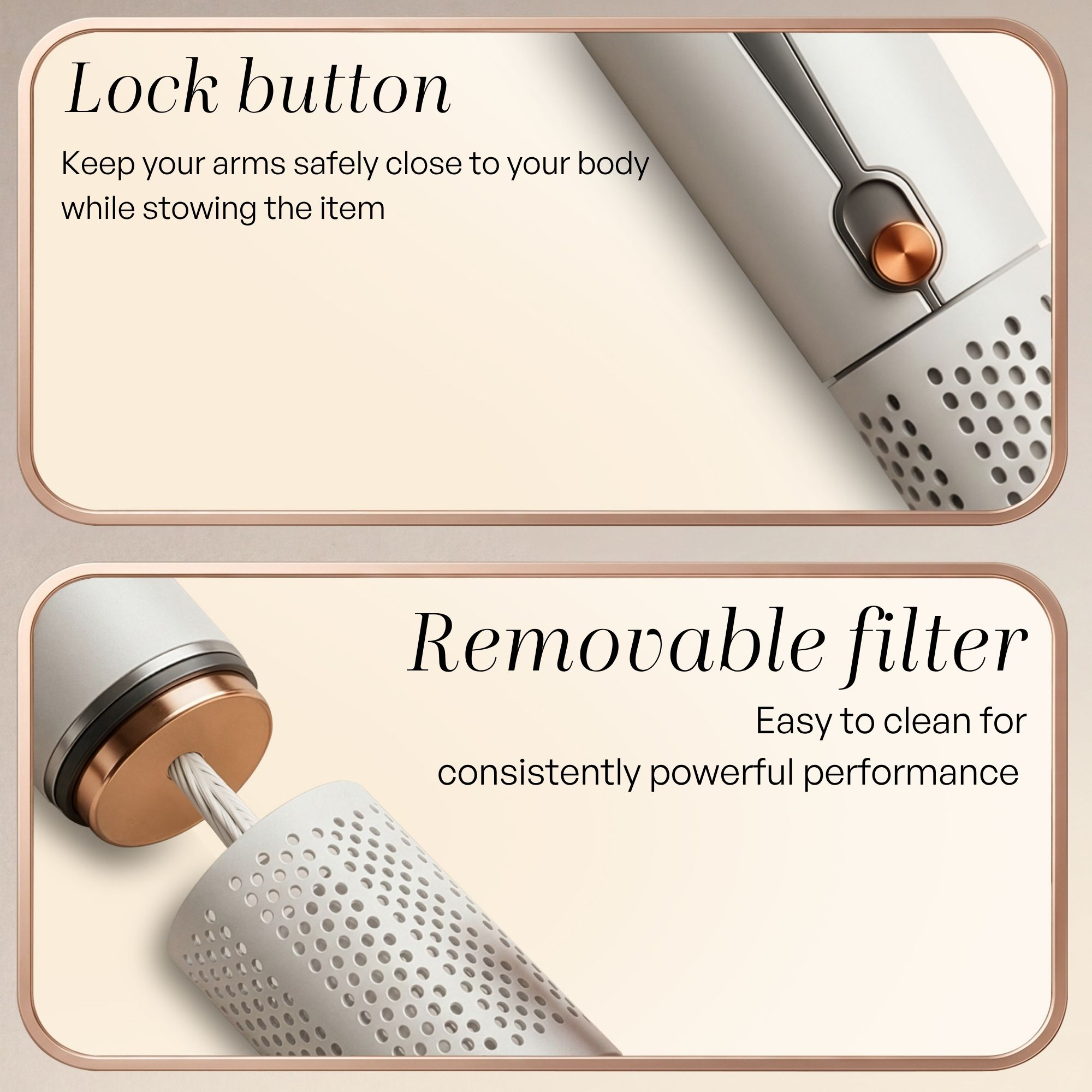 Due pannelli mostrano un pulsante di blocco e un filtro rimovibile su un dispositivo bianco e rame.
