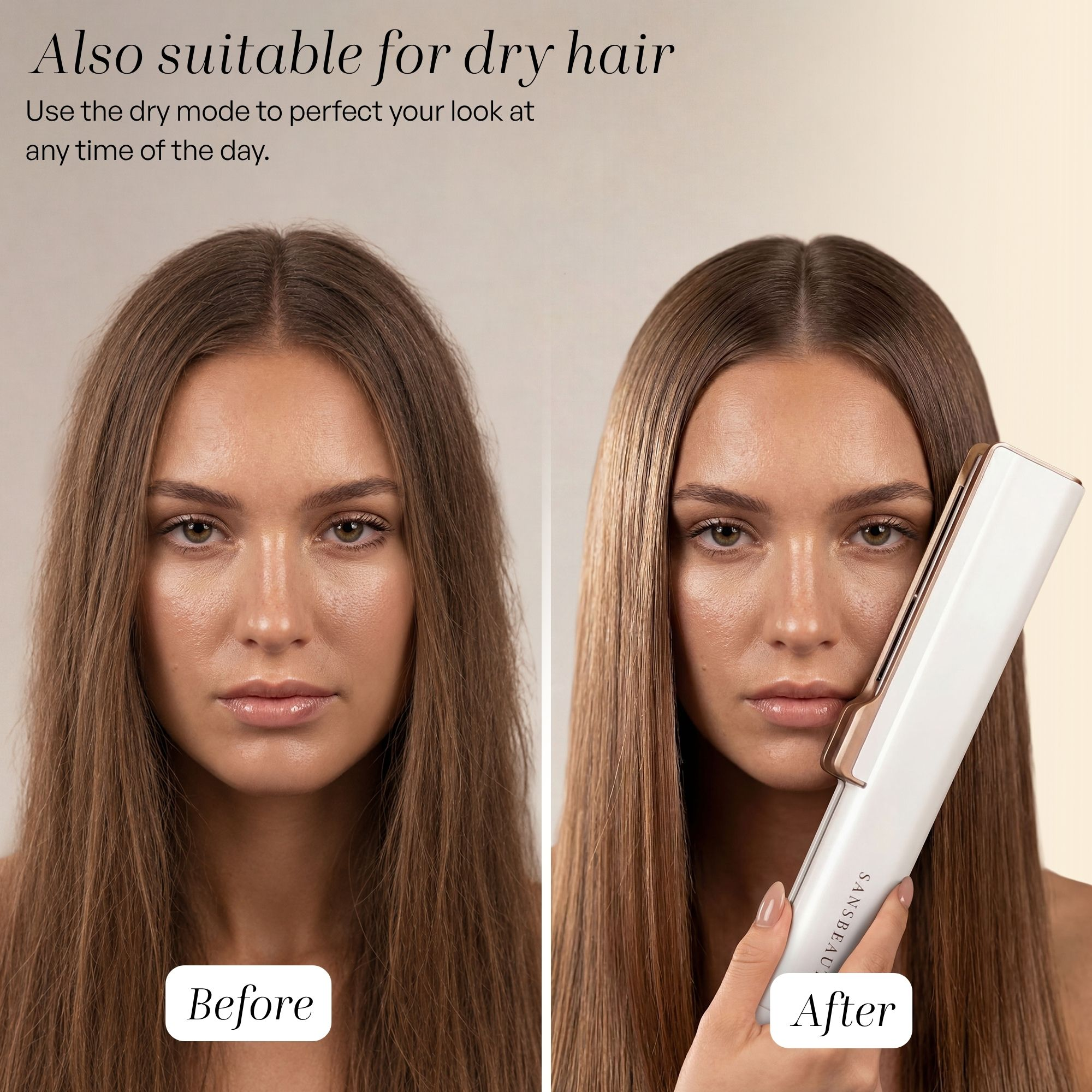 Confronto prima e dopo dei capelli di una donna, con capelli crespi a sinistra e lisci a destra.