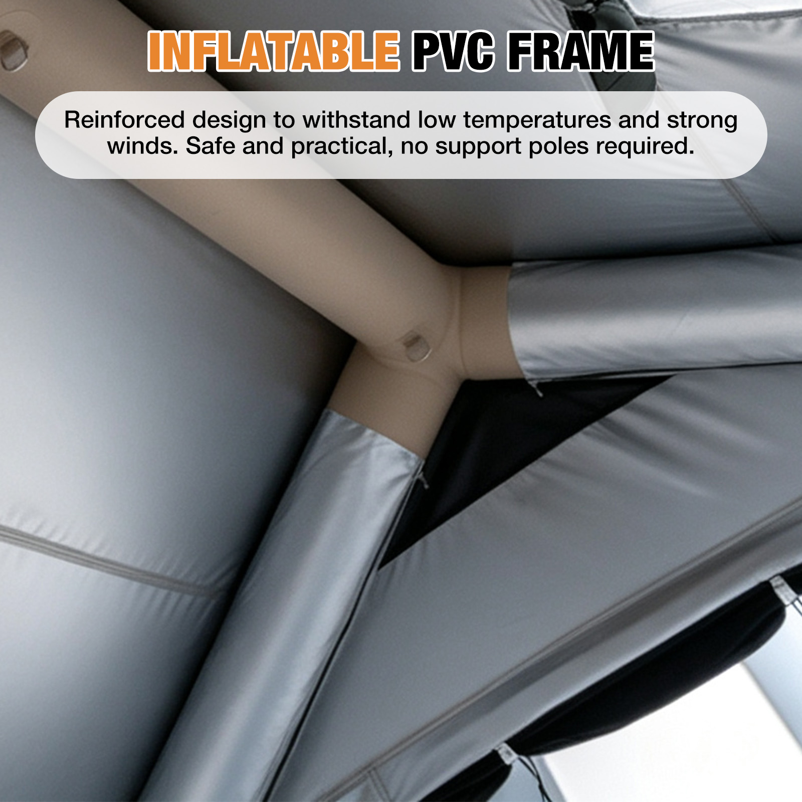 Close-up view of an inflatable PVC frame for a tent with text overlay.