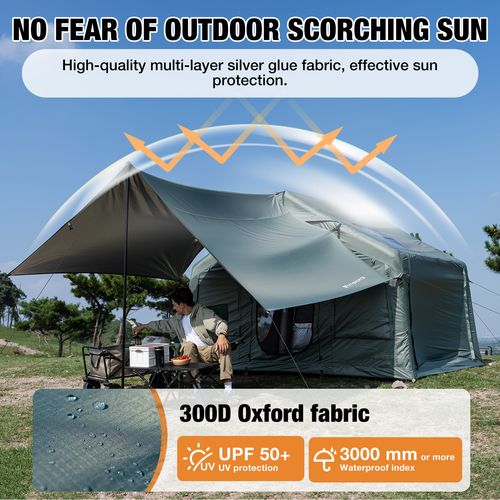 Green outdoor tent with sun protection and waterproof 300D Oxford fabric.
