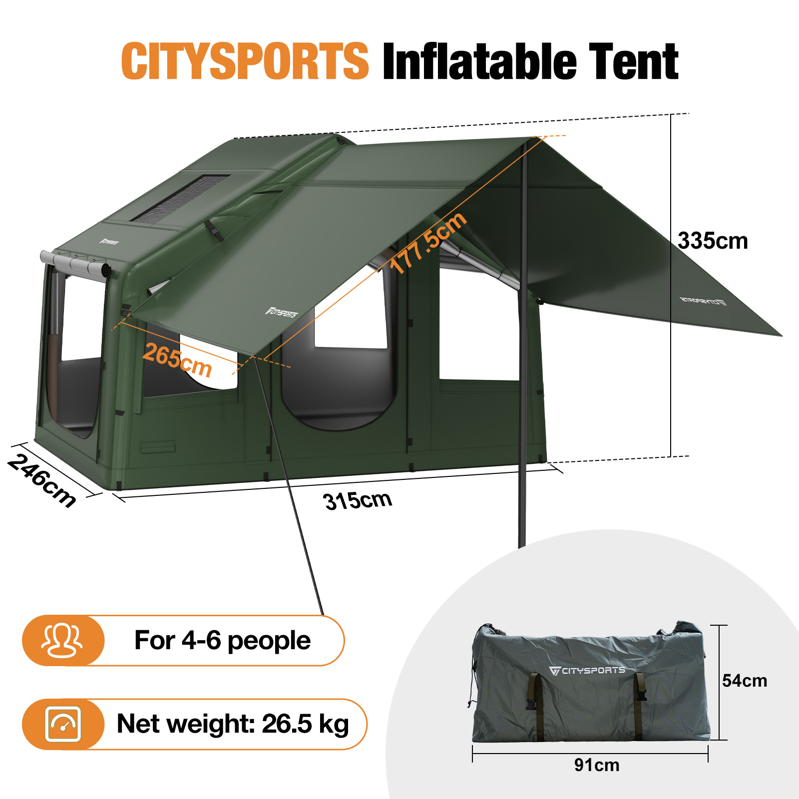 Green CITYSPORTS Inflatable Tent with dimensions, fits 4-6 people, weighs 26.5 kg, includes storage bag.