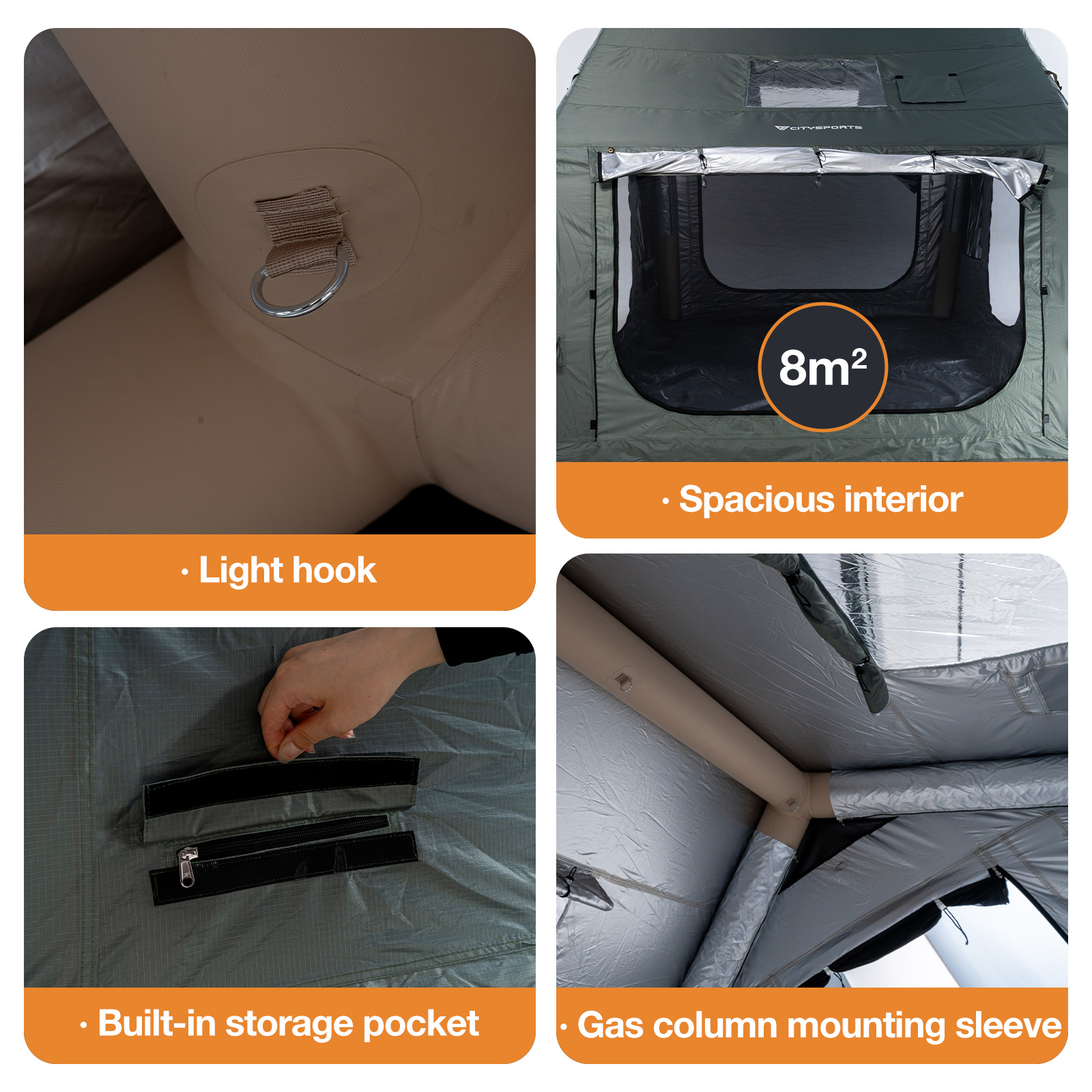 Four images show tent features: light hook, spacious 8m² interior, storage pocket, and air beam.