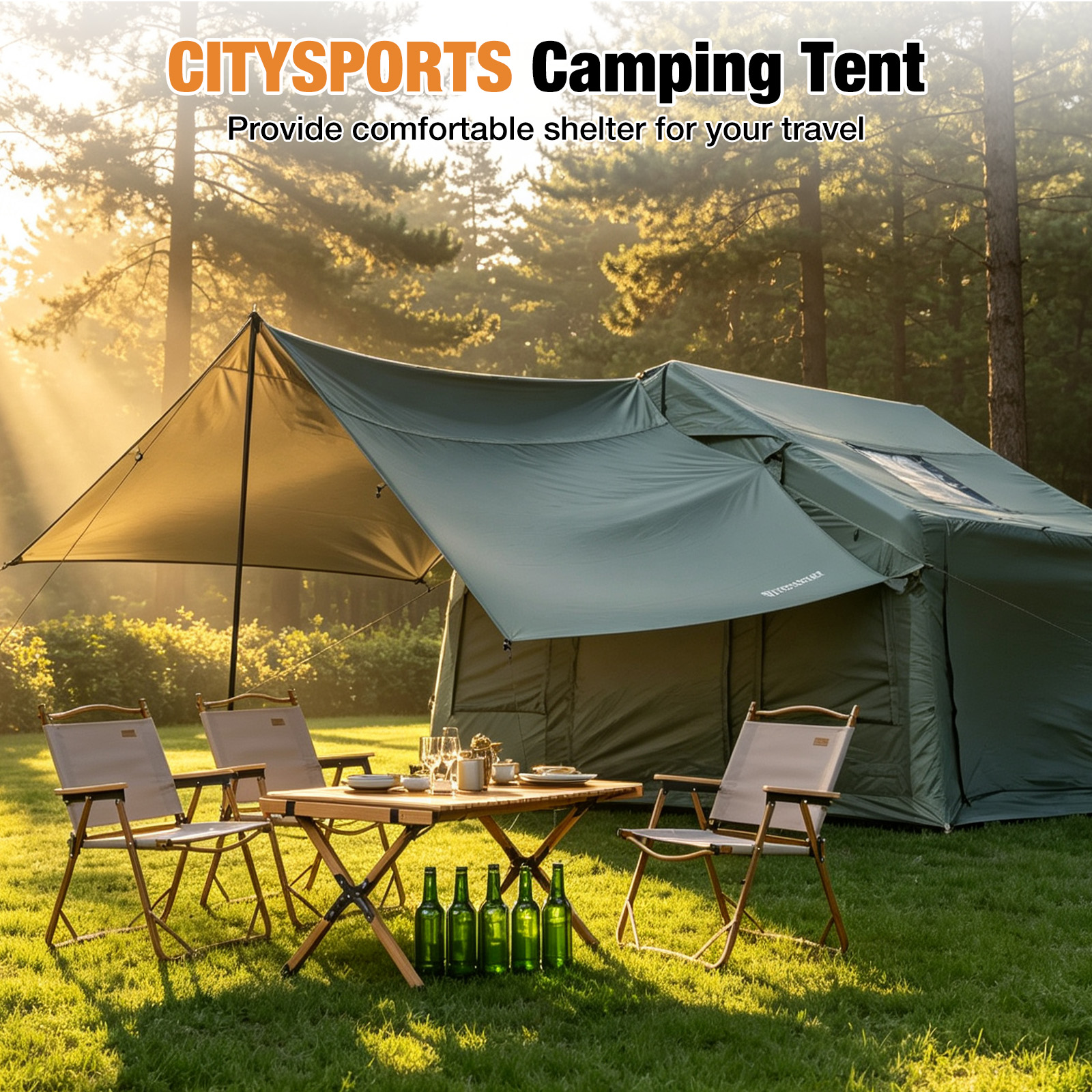 A green camping tent with canopy, wooden table, and chairs on a grassy meadow in the forest during sunlight.