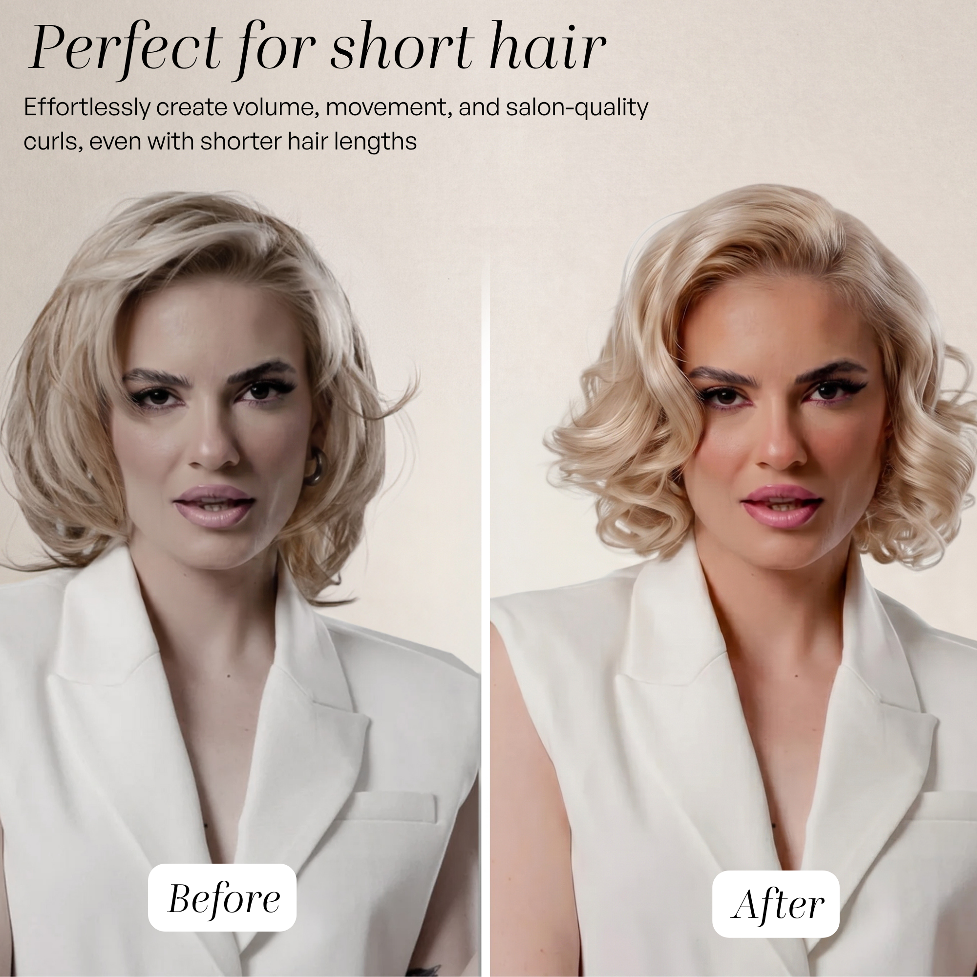 Vergleichsbilder vor und nach dem Frisieren mit blonde Wellenhaar und weißer Weste.