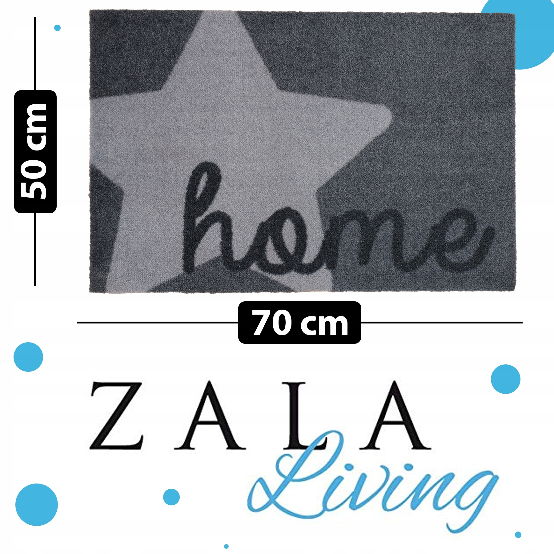 Ciemnoszara wycieraczka, 50x70 cm, z szarą gwiazdą, napisem home pisanym odręcznie i logo ZALA Living.