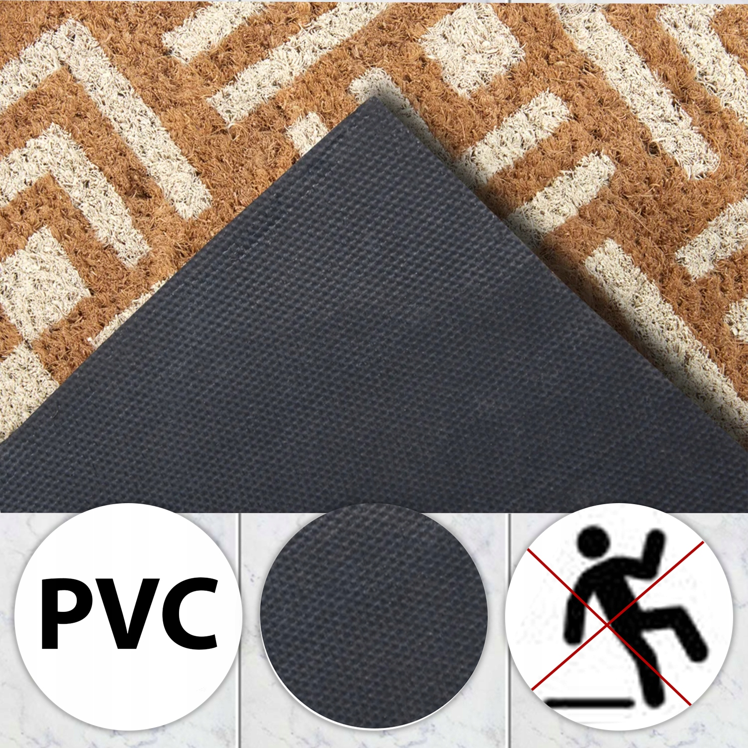 Brązowo-beżowa wycieraczka z czarnym antypoślizgowym spodem z PVC, z trzema ikonami poniżej.