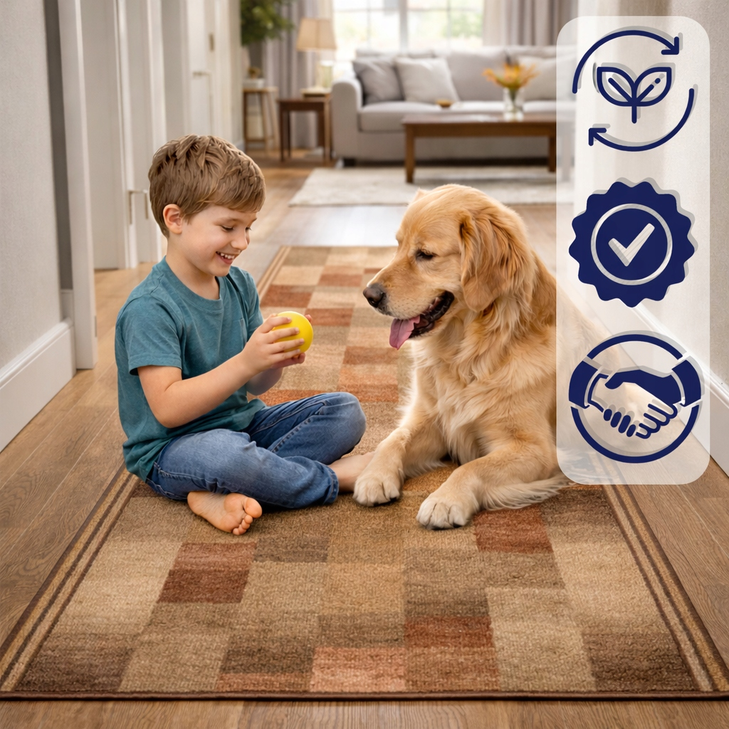 Chłopiec siedzi na brązowym dywanie z piłką obok psa golden retrievera.