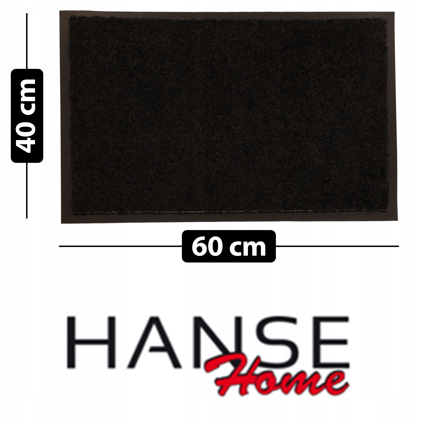 Czarna wycieraczka o wymiarach 40x60 cm z logo Hanse Home poniżej.