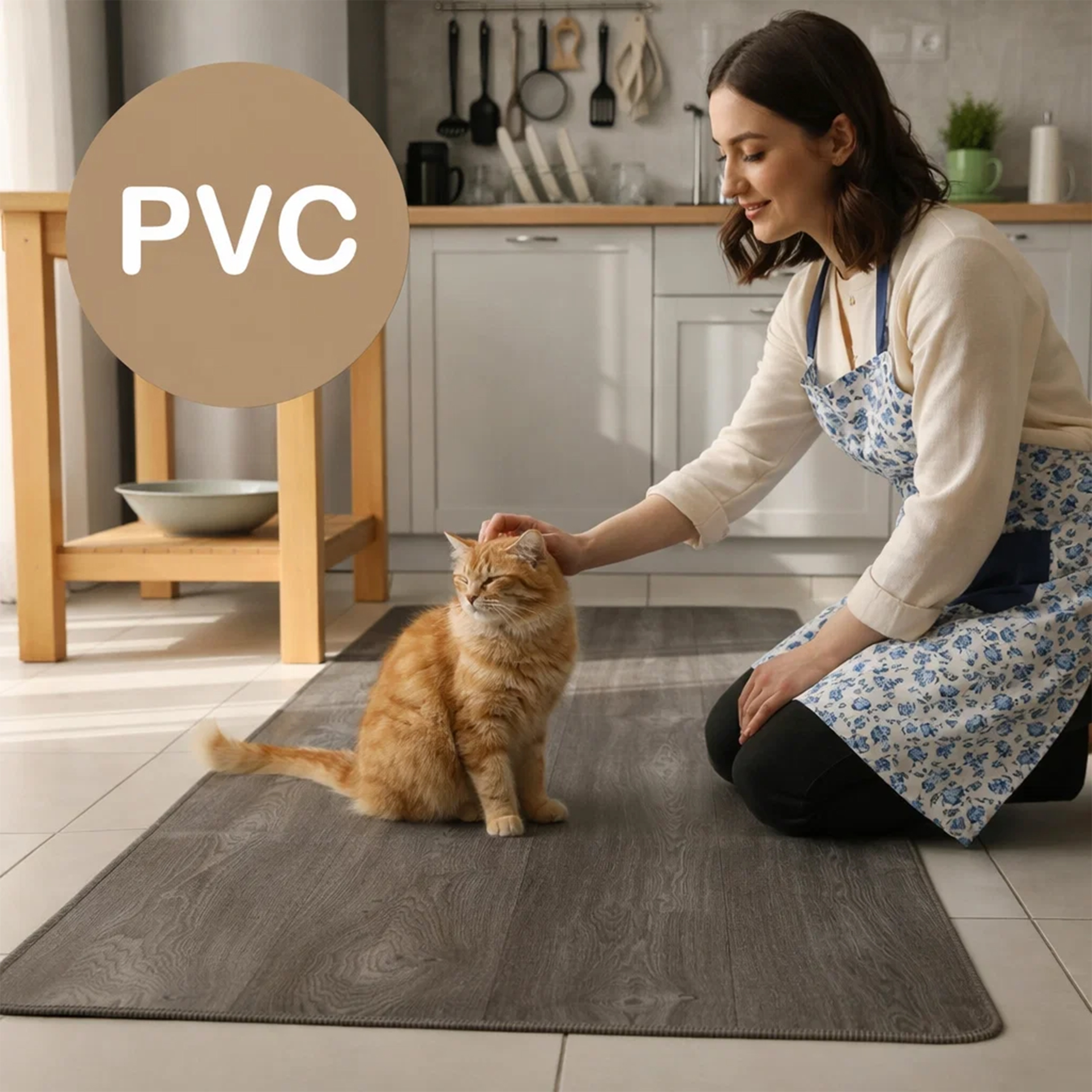 Uśmiechnięta kobieta w fartuchu głaszcze rudego kota siedzącego na szarej macie PVC.