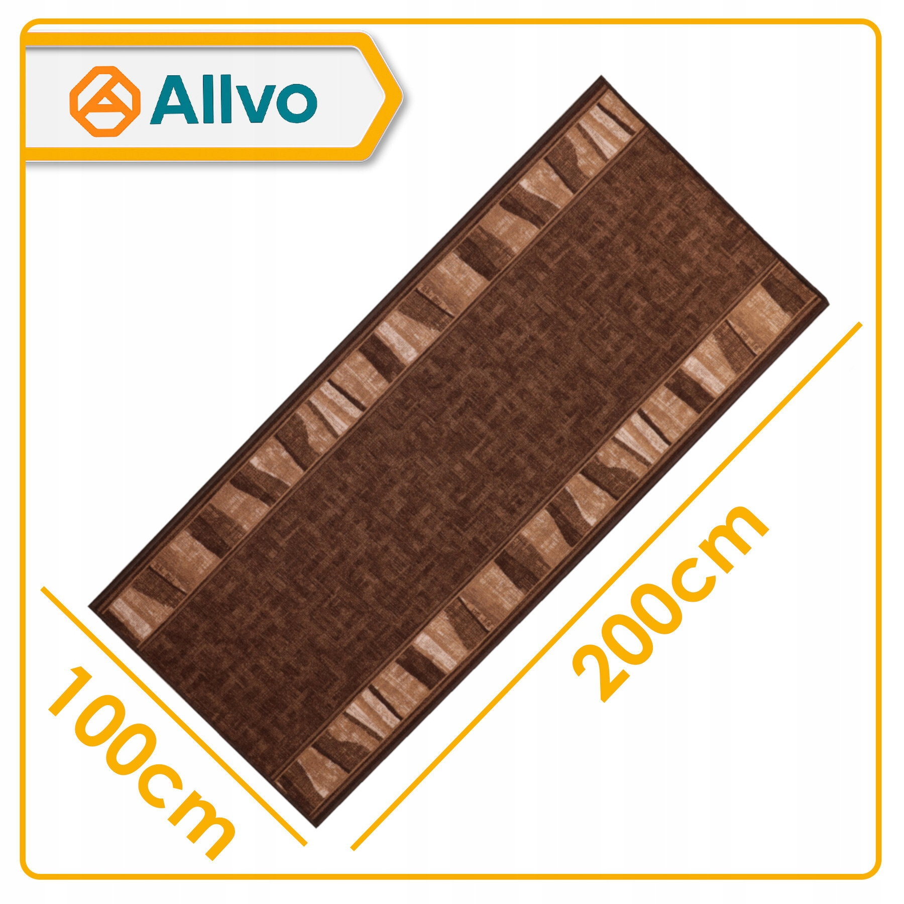 Brązowy chodnik dywanowy z geometrycznym wzorem, 100x200cm, z logo Allvo w lewym górnym rogu.