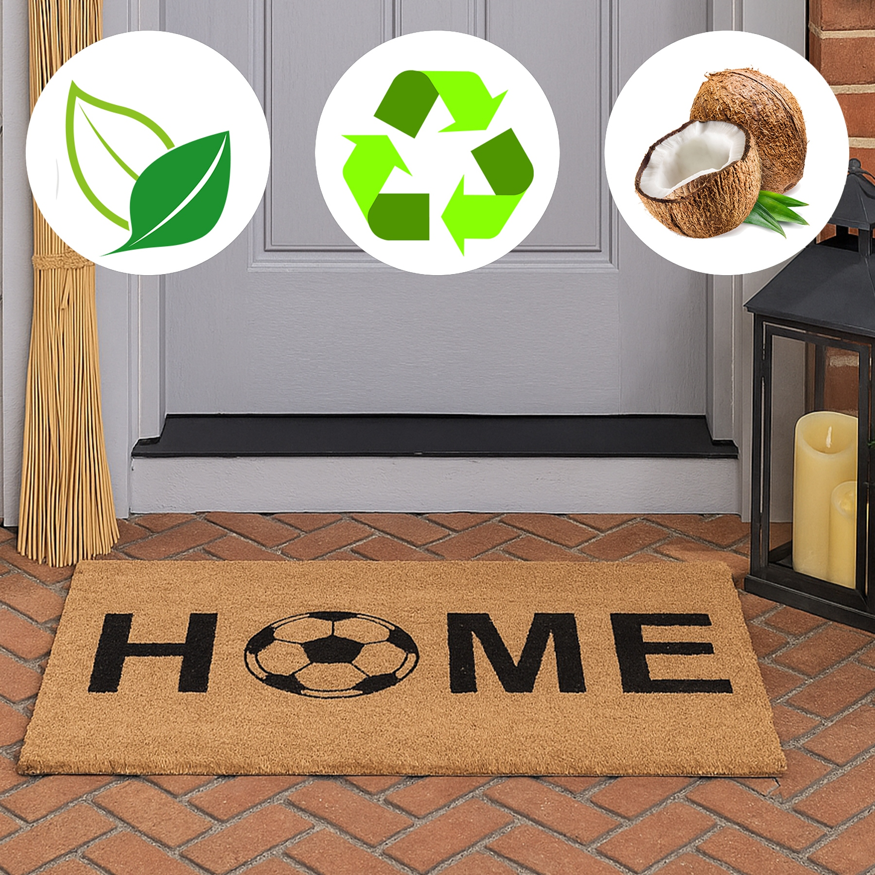 Wycieraczka "HOME" z piłką nożną, ozdobiona ikonami natury, recyklingu i orzecha kokosowego.