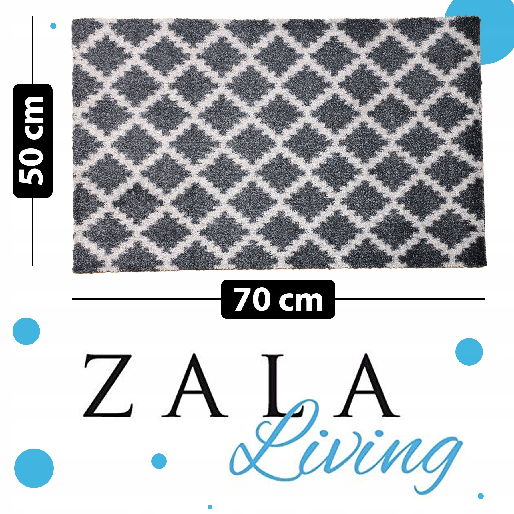 Szara wycieraczka w białe romby, o wymiarach 50x70 cm, z logo Zala Living.