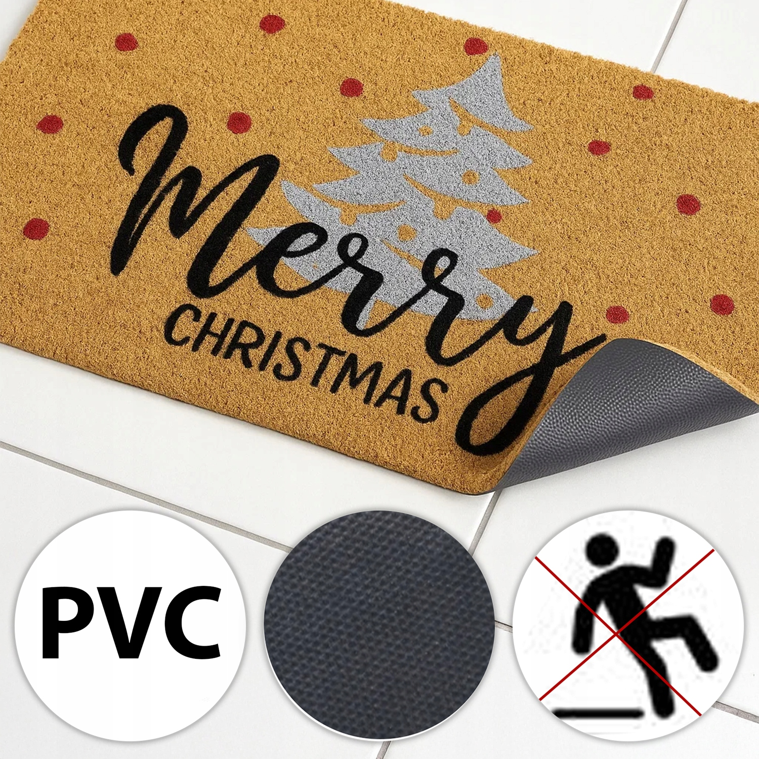 Brunatna wycieraczka z napisem Merry Christmas, srebrną choinką, spodem z PVC i symbolem antypoślizgowym.