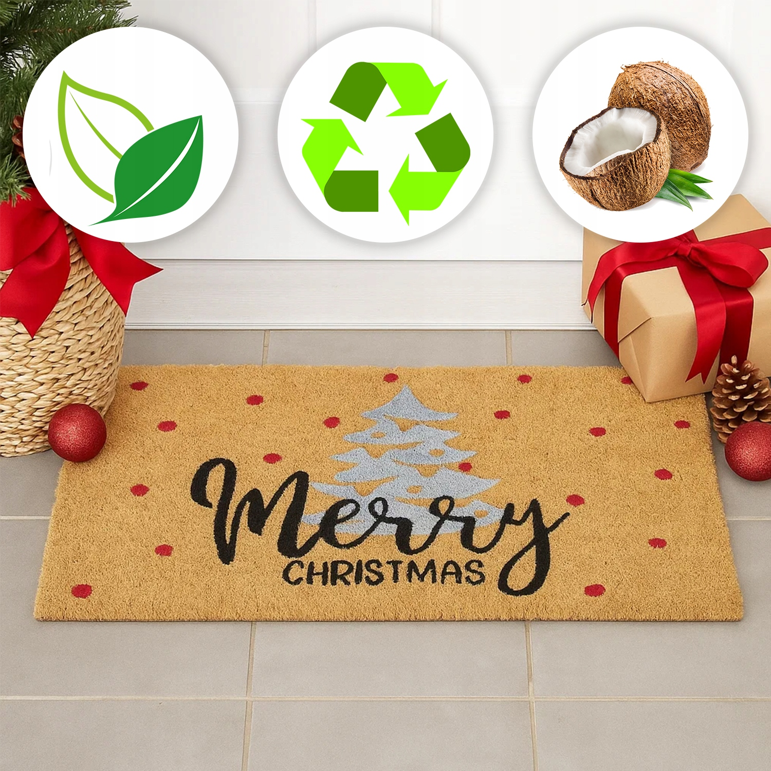 Wycieraczka Merry Christmas z choinką, prezentem i ikonami kokosa powyżej.