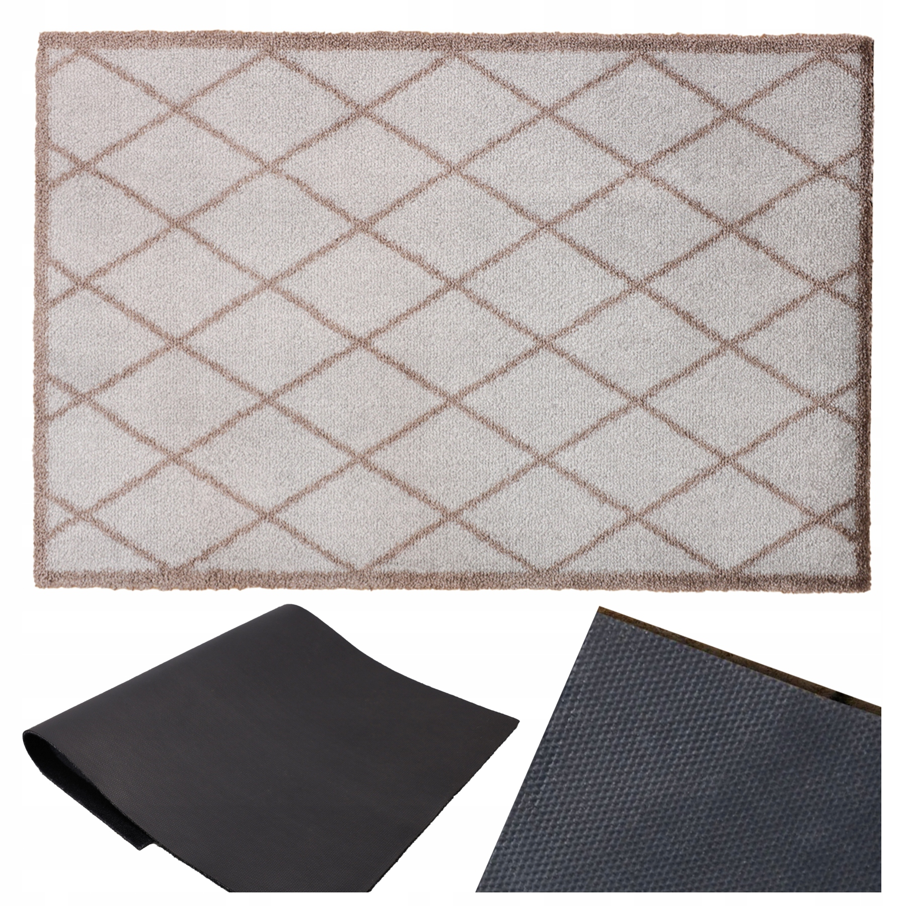 Szary dywanik w brazowa kratke z czarnym gumowym spodem.