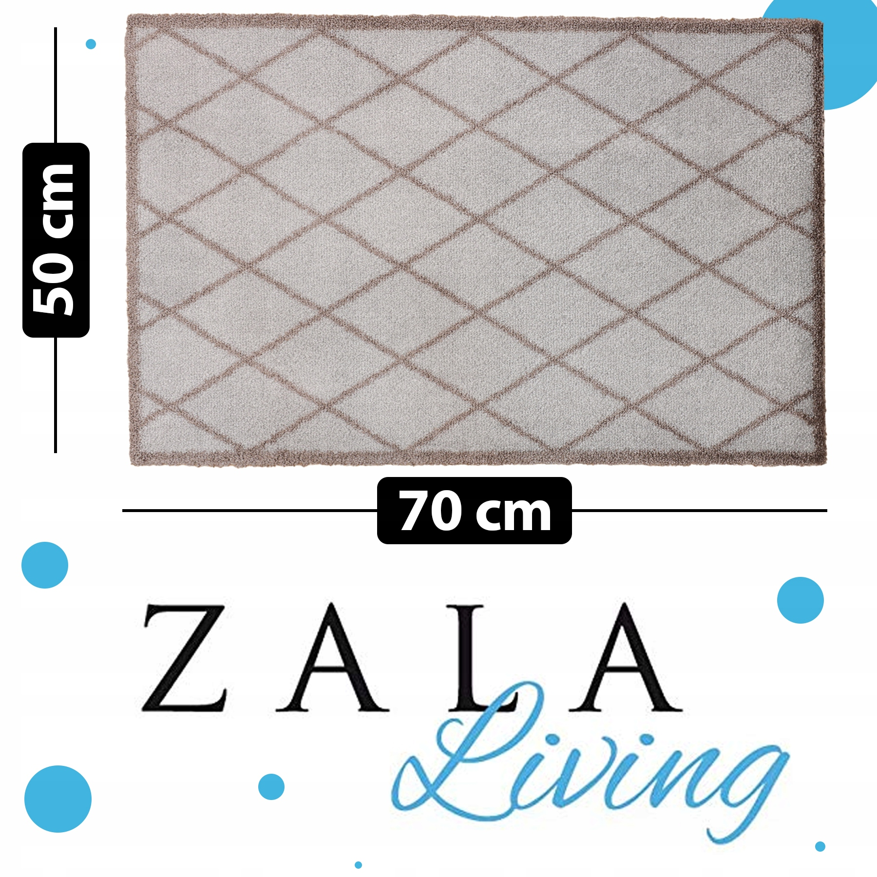Szary dywan Zala Living, 50x70 cm, z brązowym wzorem w romby i logo.