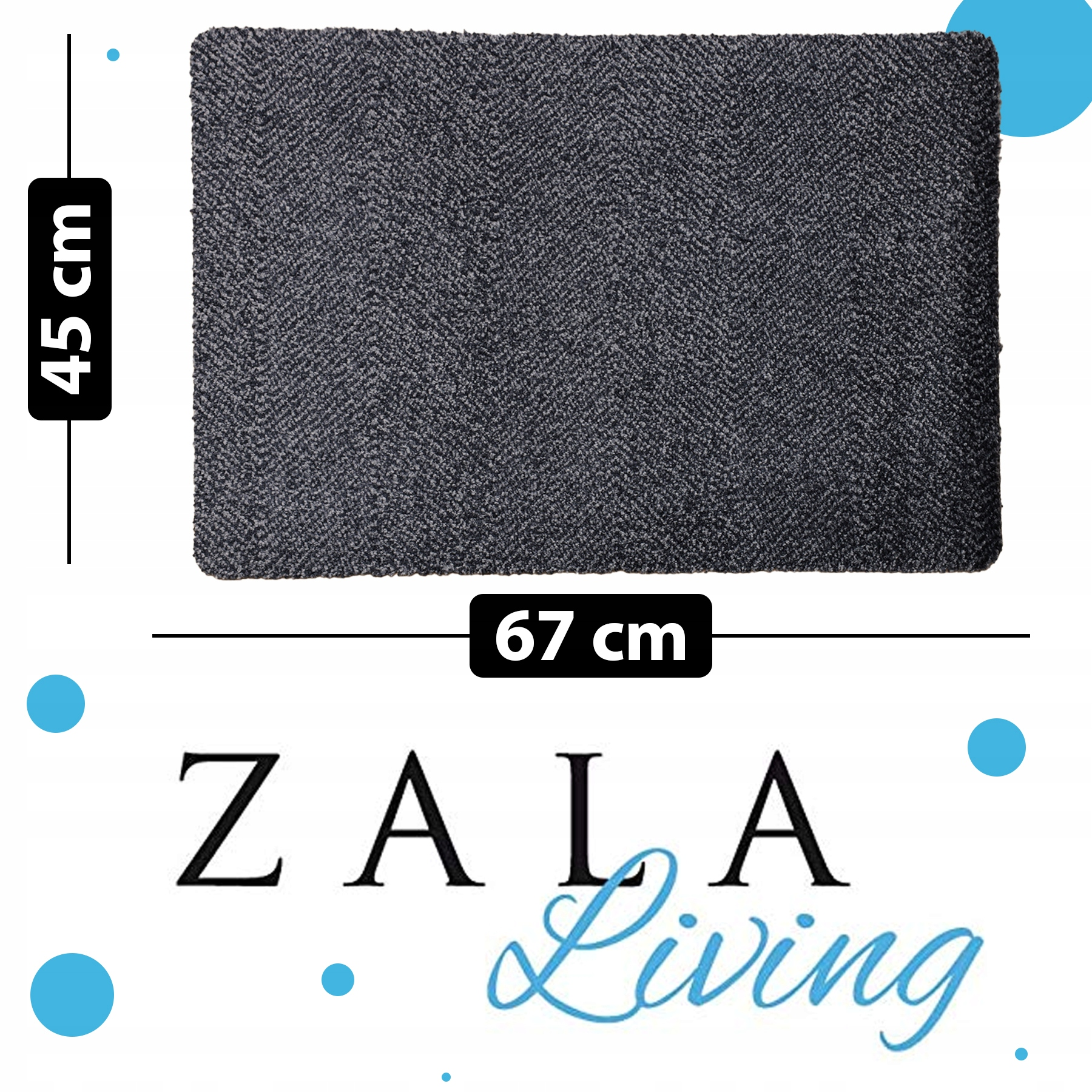 Szara, teksturowana wycieraczka o wymiarach 45x67 cm z logo ZALA Living poniżej.