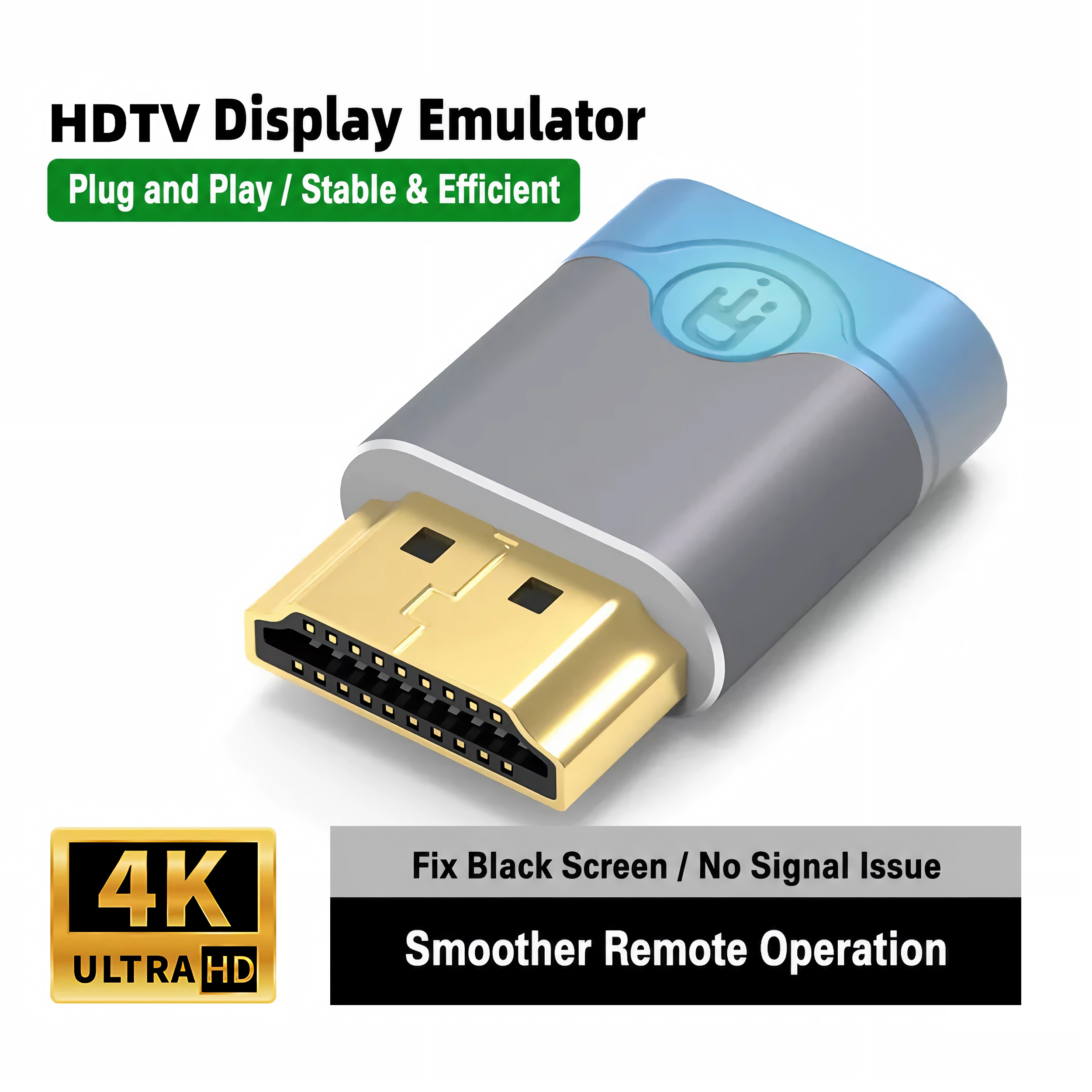 Ein HDTV-Display-Emulator mit goldenem HDMI-Anschluss, grauem Gehäuse und blauem Ende auf weißem Hintergrund.