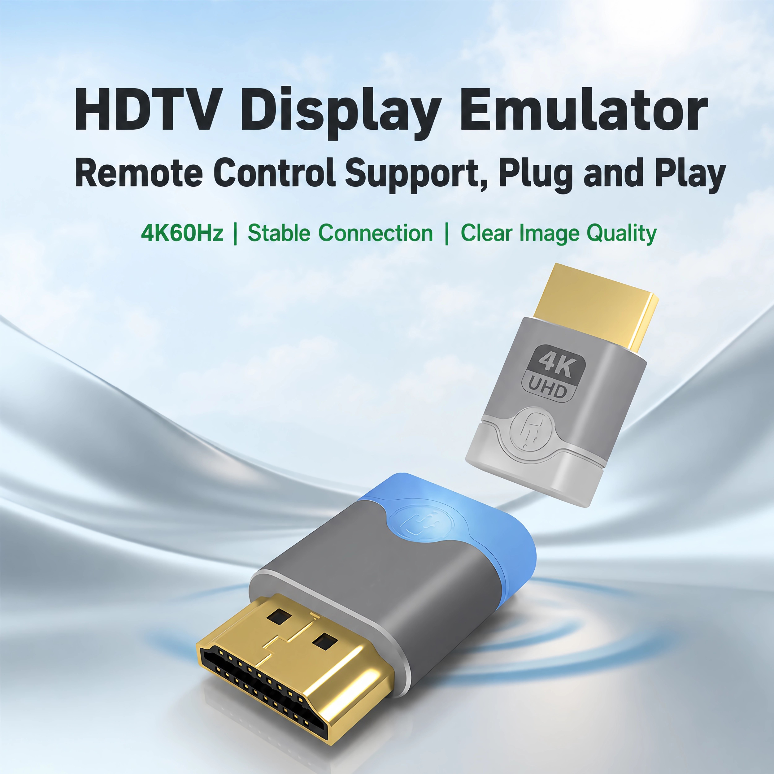 Ein HDTV-Display-Emulator-Adapter mit goldenem Anschluss, grauem Gehäuse und blauem Akzent vor wolkigem Hintergrund.