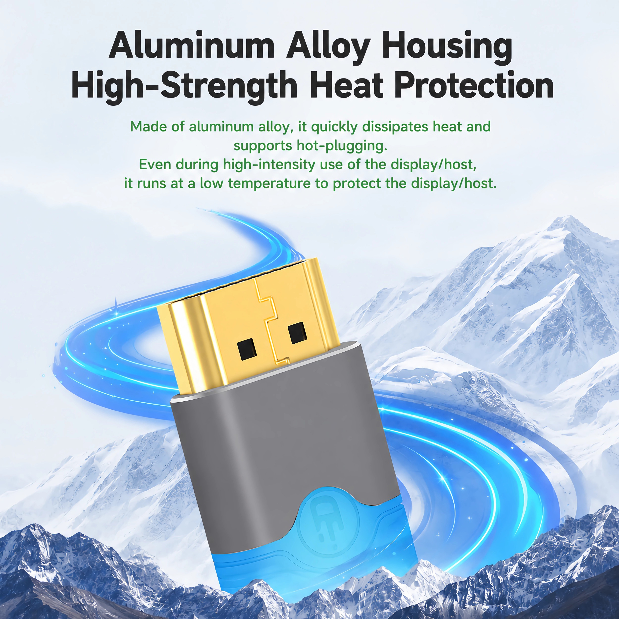 Produktwerbung für Aluminiumgehäuse und Wärmeschutz mit einem Steckverbinder vor einer schneebedeckten Berglandschaft.