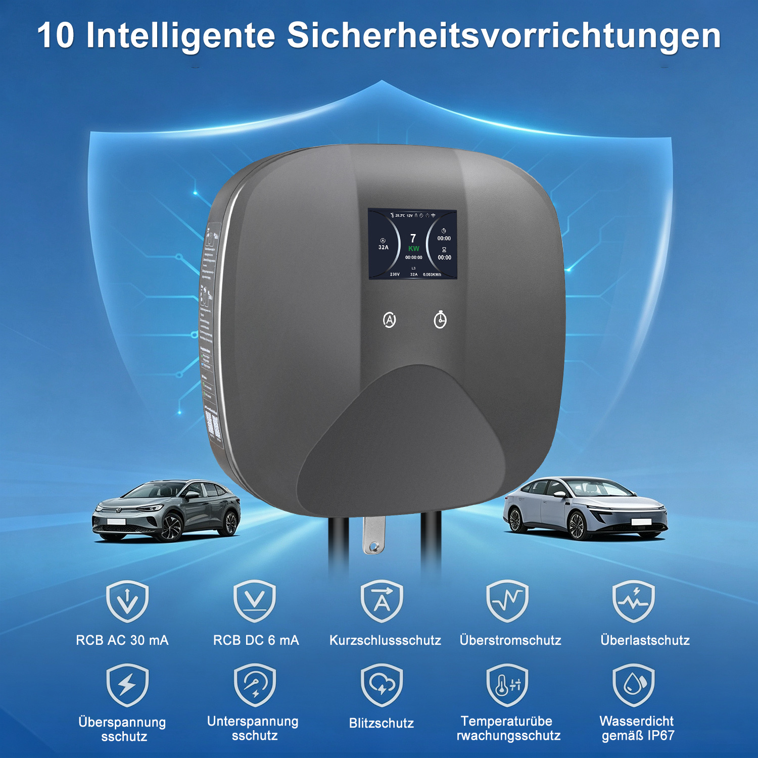 Graue EV-Ladestation auf blauem Grund mit Sicherheitsfunktionen.