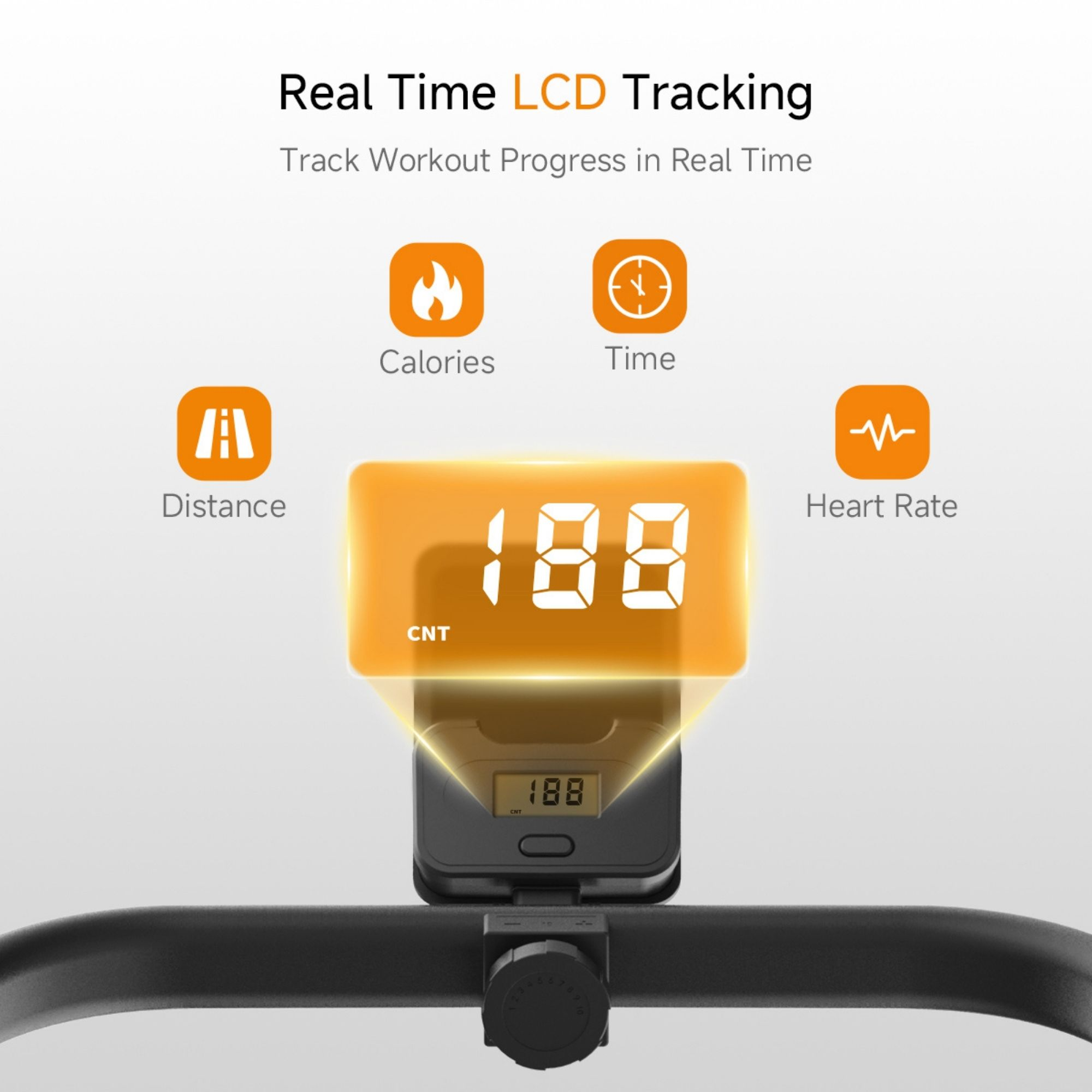 Una pantalla LCD muestra datos de entrenamiento, rodeada de iconos de distancia, calorías, tiempo y ritmo cardíaco.