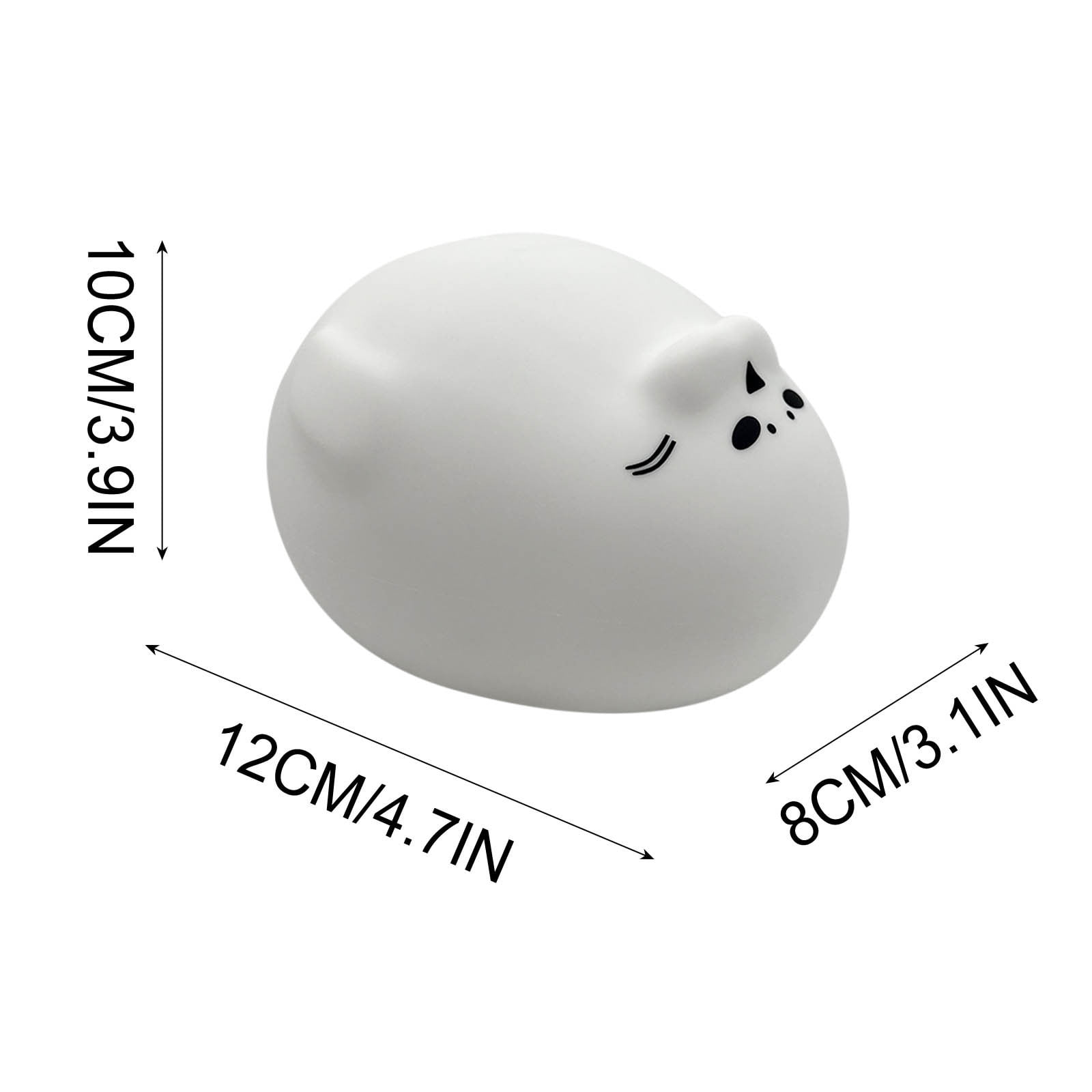Weiße, katzenähnliche Silikonlampe mit Maßen: 10cm Höhe, 12cm Länge, 8cm Breite.