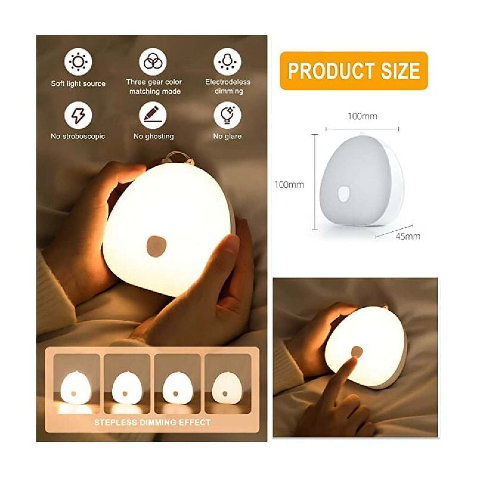 Produktmerkmale und Abmessungen einer tragbaren weißen LED-Nachtlampe mit dimmbarem Licht.