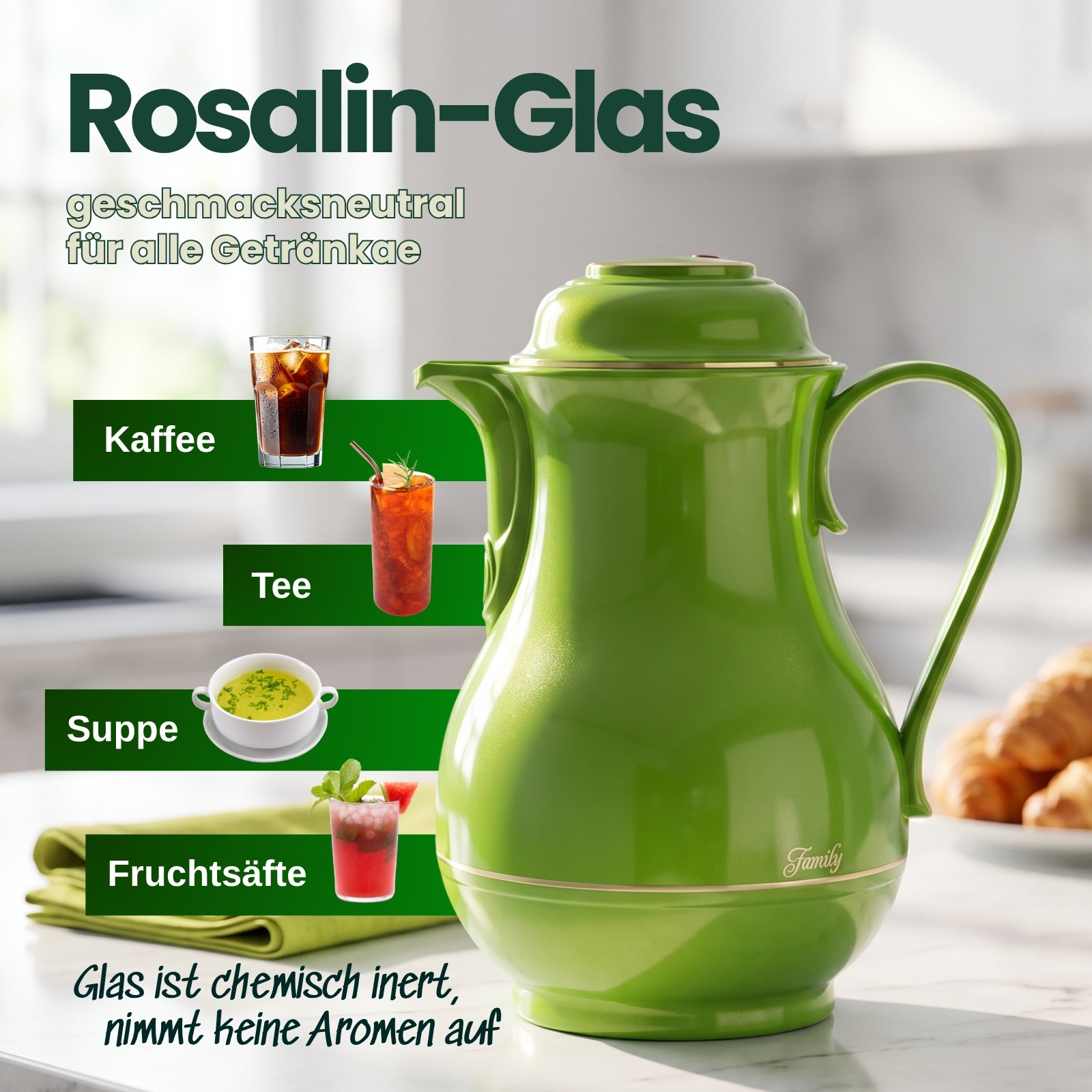Grüne Isolierkanne auf weißem Tisch mit Beispielen für Kaffee, Tee, Suppe und Säfte.