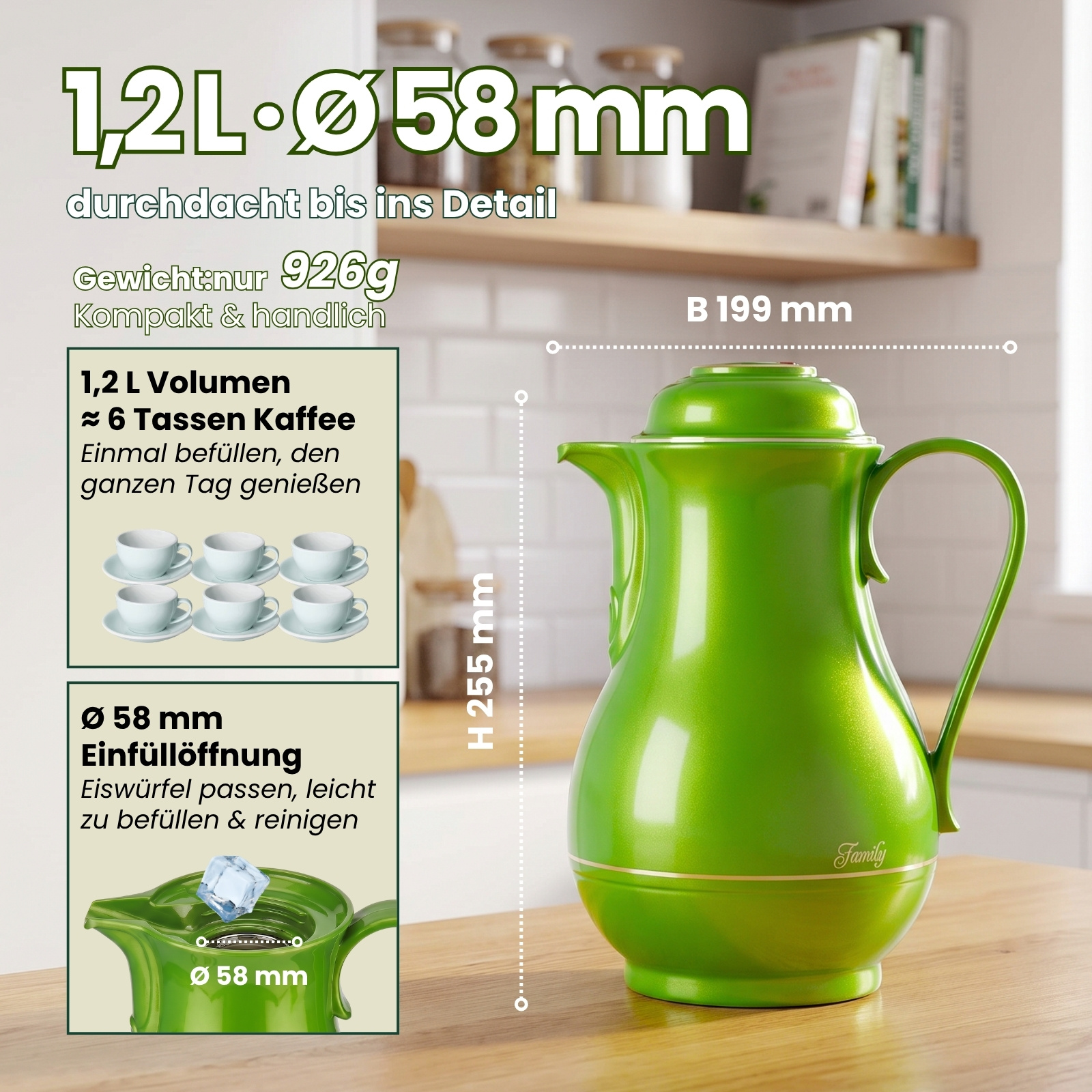 Grüne Isolierkanne mit Produkt- und Maßangaben auf Holzoberfläche.