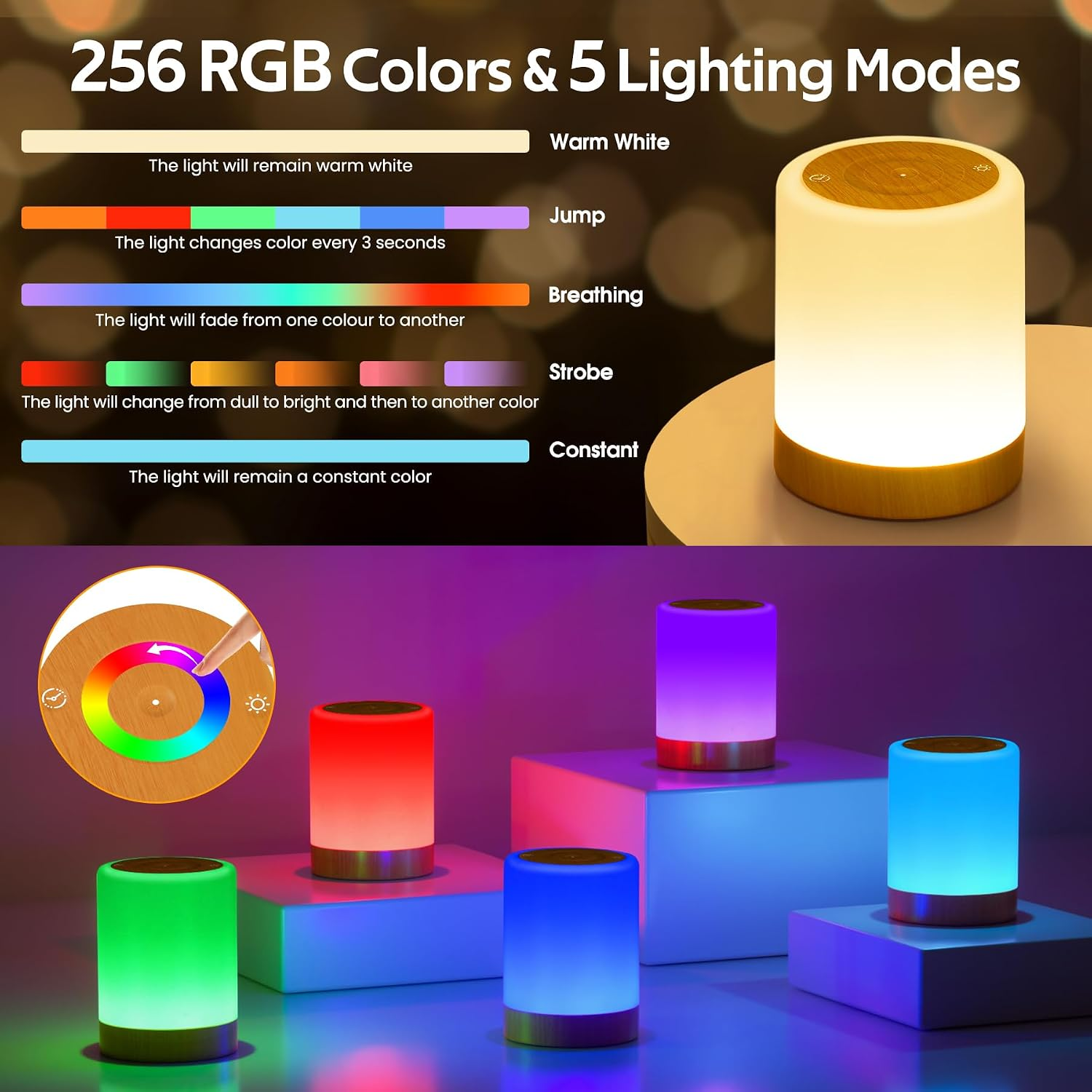 Eine leuchtende zylindrische Lampe mit fünf Beleuchtungsmodi und bunten RGB-Farboptionen auf einem Holzsockel.