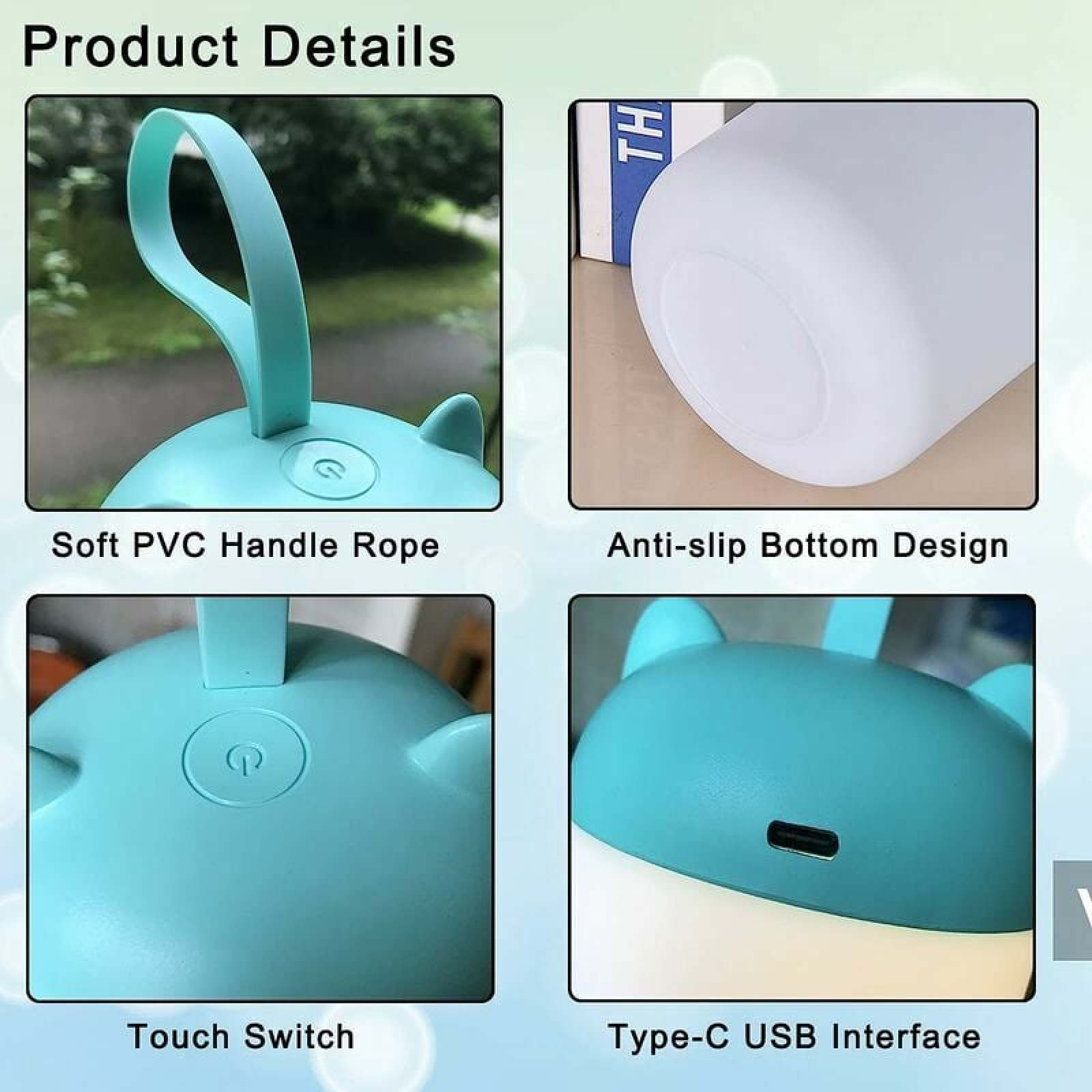 Vier Bilder zeigen Produktdetails einer türkisen Lampe: PVC-Griff, rutschfester Boden, Touch-Schalter, USB-Anschluss.