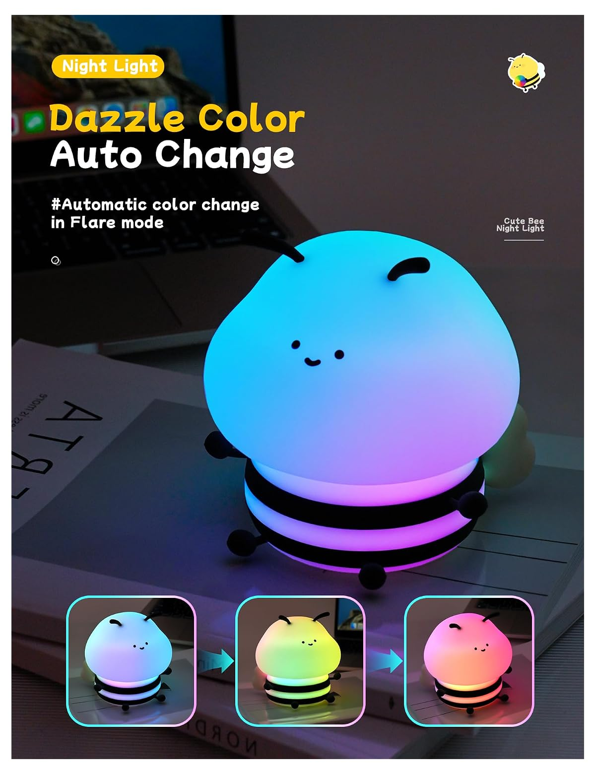 Ein süßes bienenförmiges Nachtlicht wechselt automatisch die Farbe, gezeigt in Blau, Gelb und Rosa.