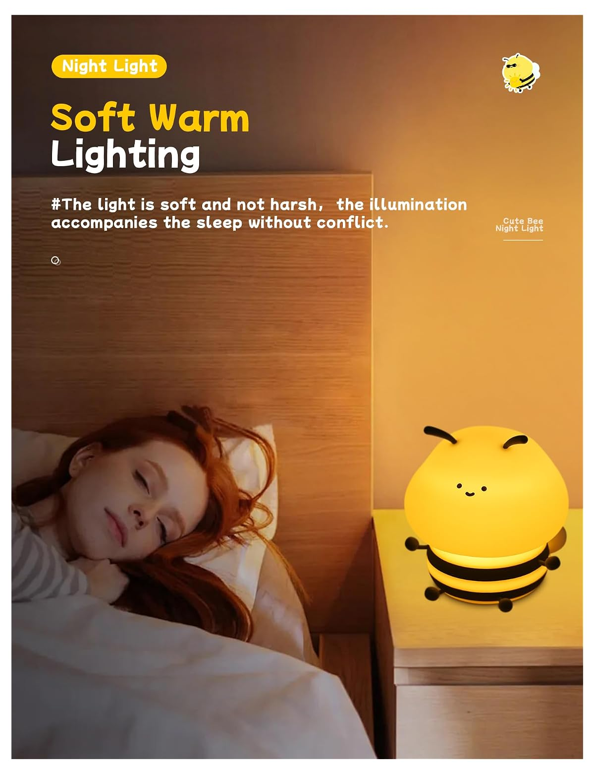 Ein Kind schläft friedlich in einem Bett neben einer süßen Bienen-Nachtlampe auf einem Nachttisch.