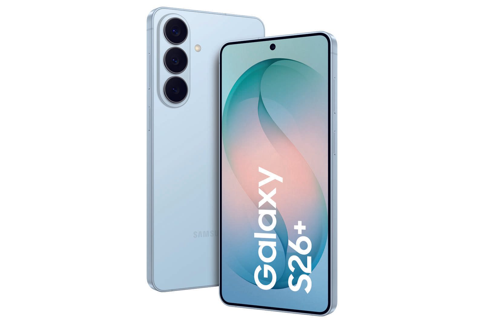 Deux smartphones Samsung Galaxy S26+ bleu clair montrent les faces avant et arrière à trois objectifs.