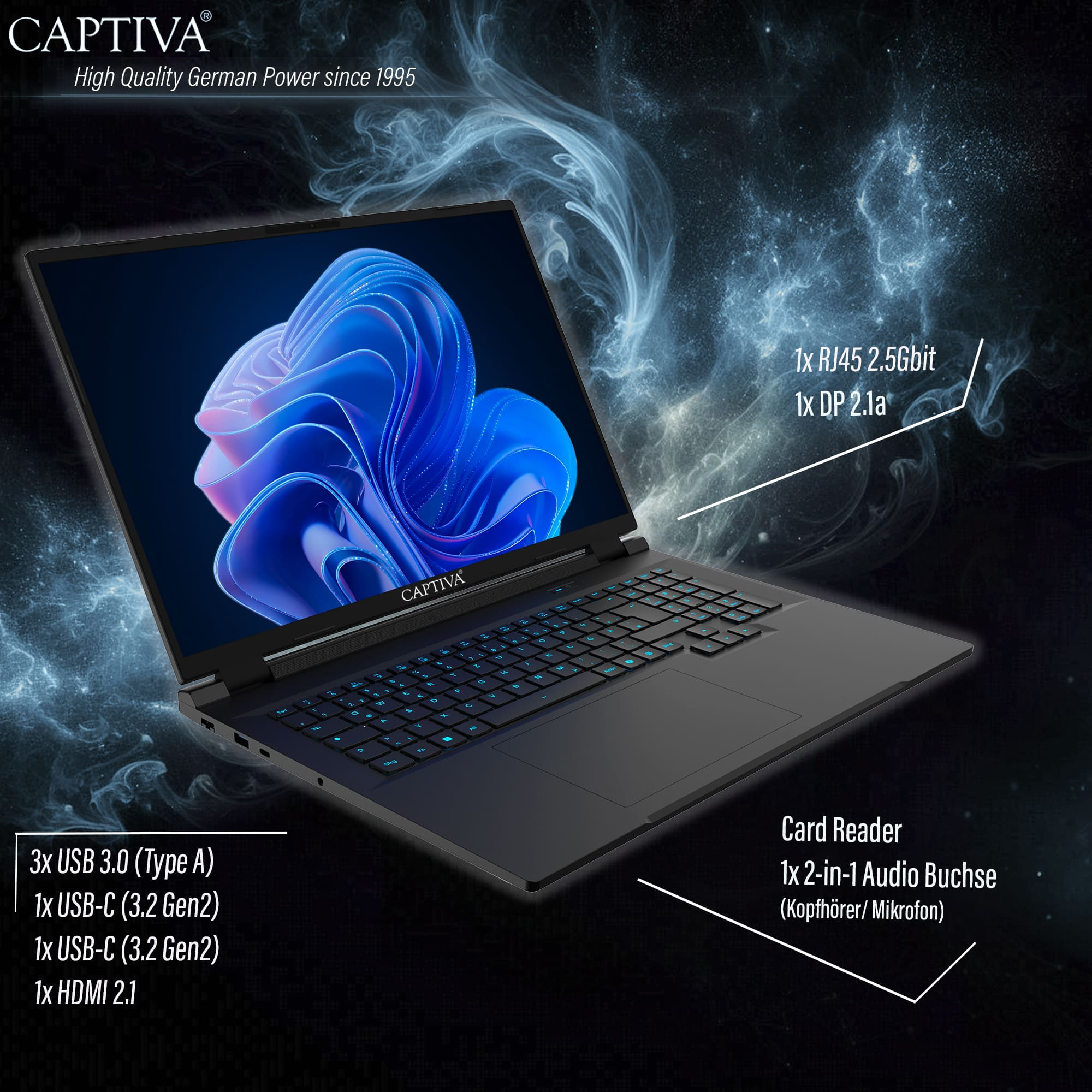 Ein schwarzer Captiva Laptop mit blauer Bildschirmgrafik und Texten zu den Anschlüssen auf schwarzem Hintergrund.