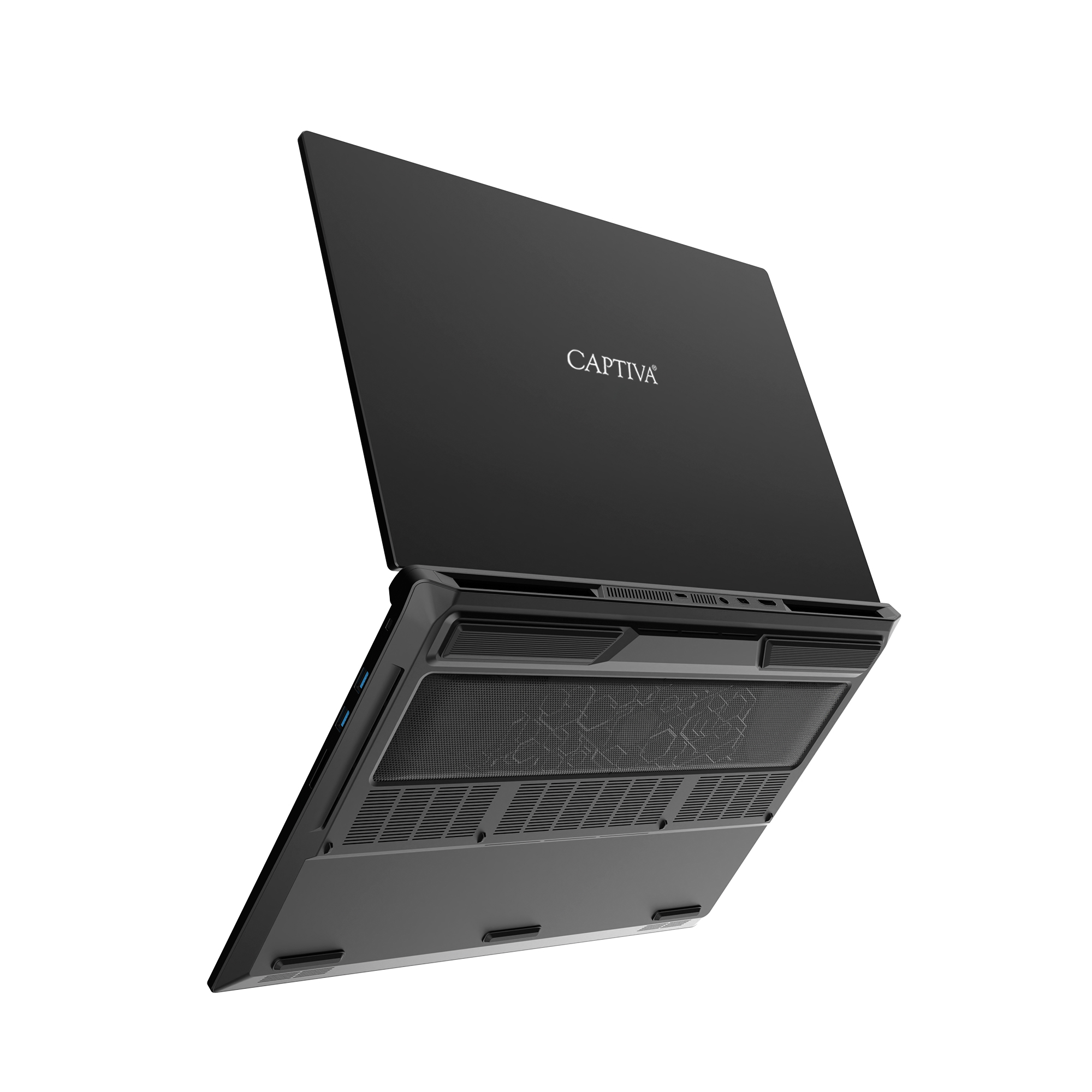 Ein schwarzes Captiva-Laptop von hinten und unten gezeigt, zeigt Lüftungsschlitze und Anschlüsse auf weißem Hintergrund.