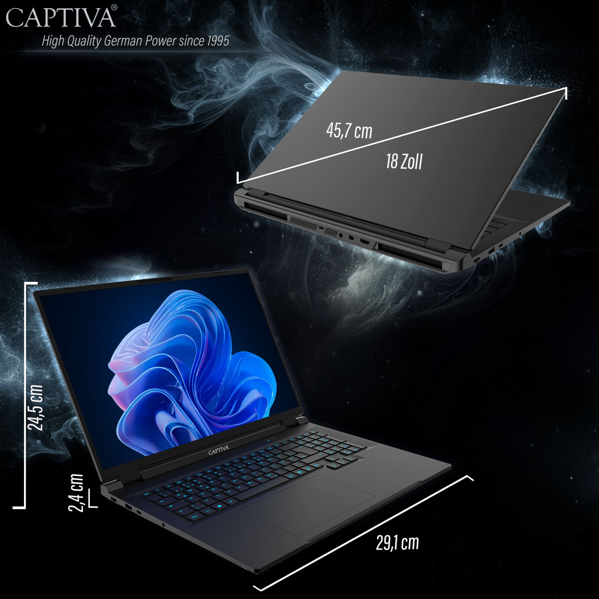 Captiva Laptop in Schwarz mit Maßen von 45,7 cm (18 Zoll) Diagonale, 24,5 cm Höhe, 29,1 cm Breite und 2,4 cm Dicke.