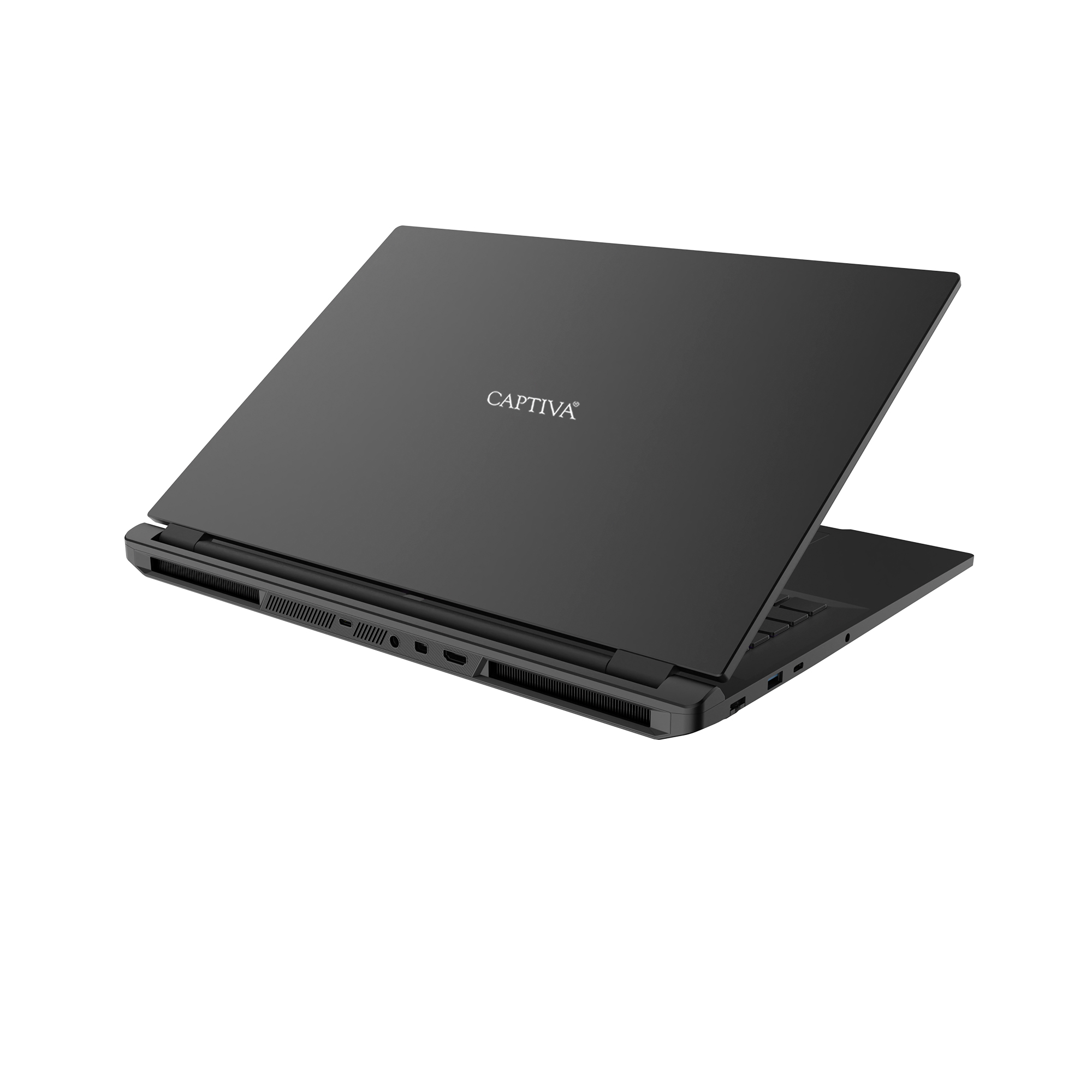 Ein schwarzer Captiva Laptop steht auf einer weißen Oberfläche, die Rückseite und Anschlüsse sind sichtbar.