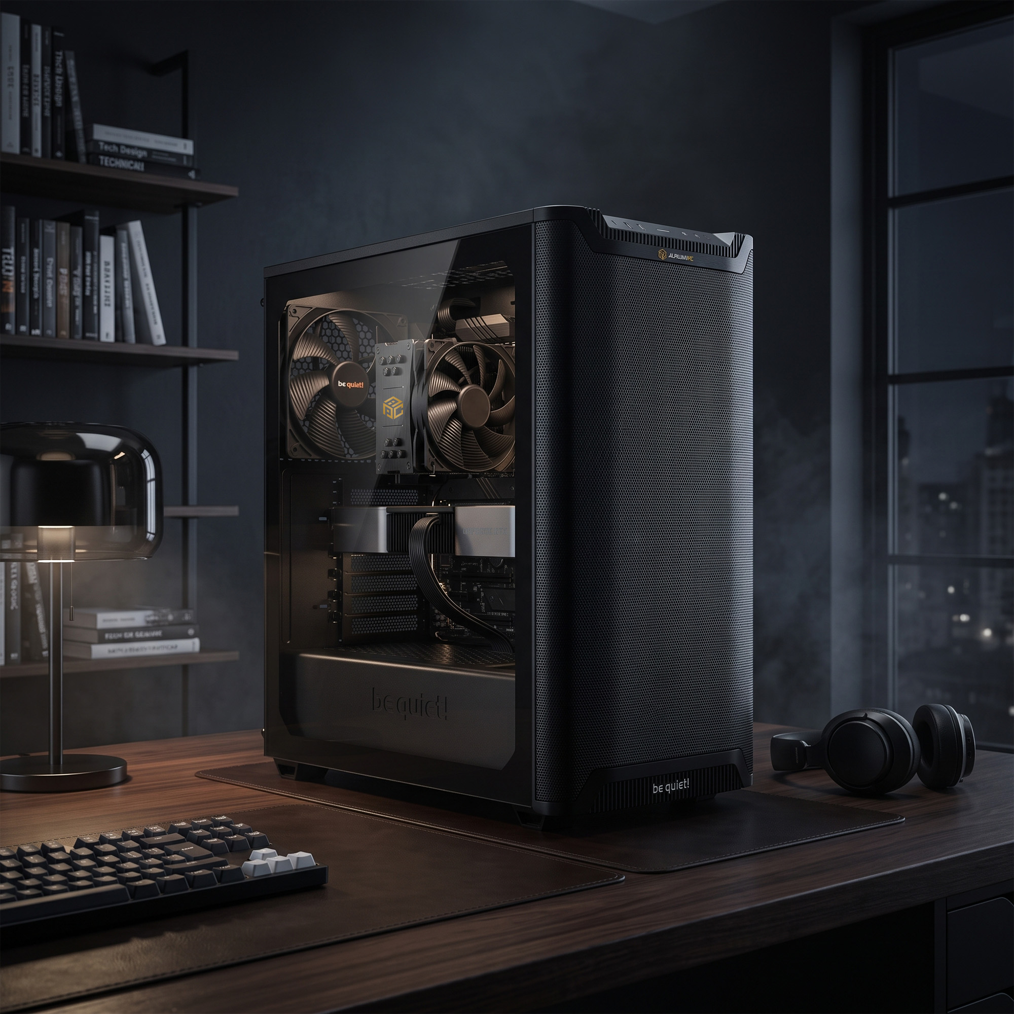 Un PC desktop nero su una scrivania in legno con tastiera, lampada, cuffie, libri e una finestra sullo sfondo.