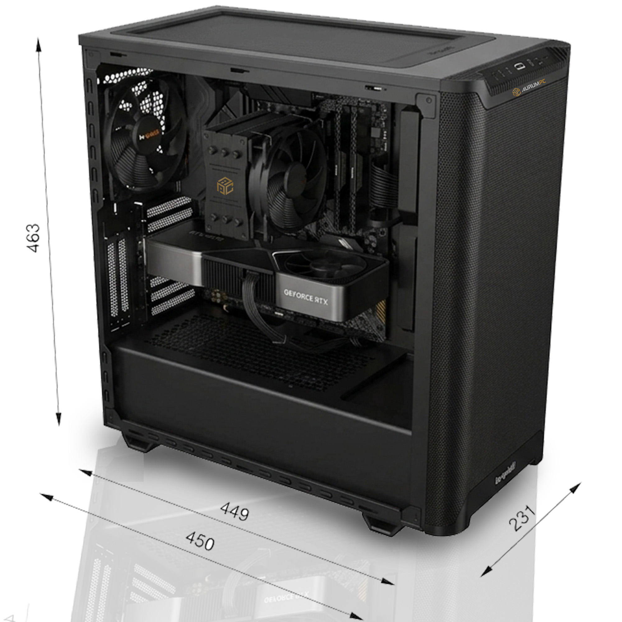 Case per PC nero con componenti interni e dimensioni mostrate in millimetri.