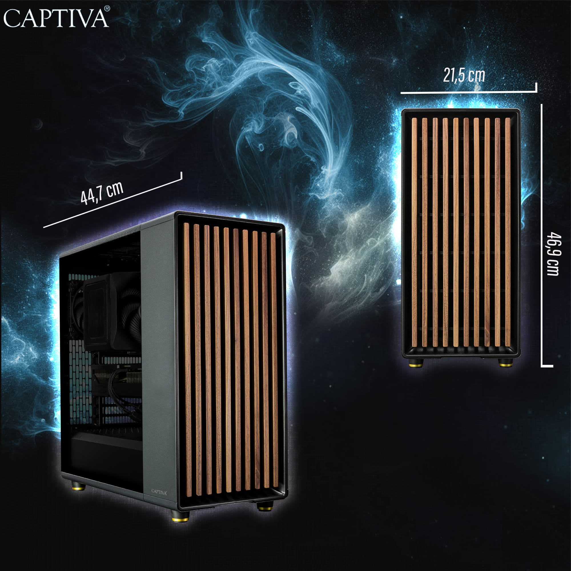 Captiva PC-Gehäuse mit Holzfront und Abmessungen auf schwarzem, nebligem Hintergrund.