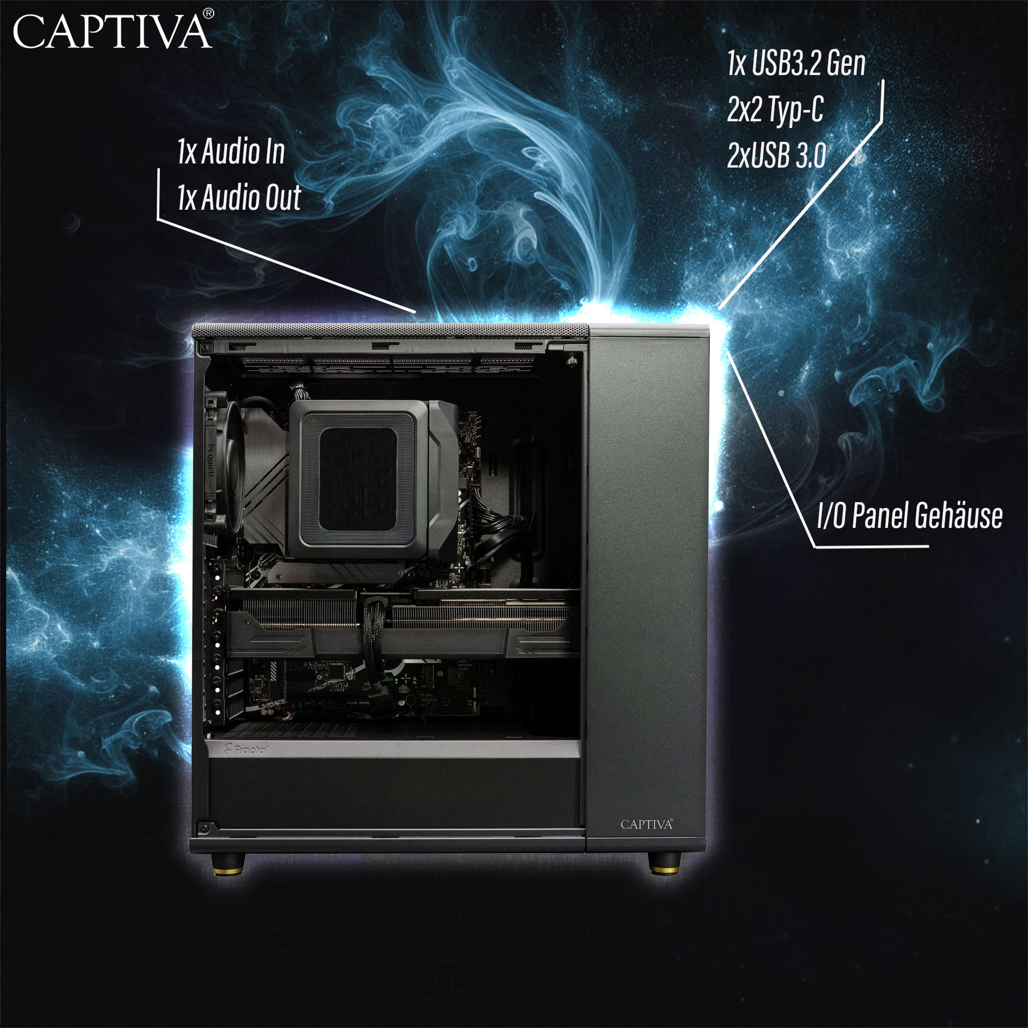 Captiva PC-Gehäuse mit internen Komponenten und I/O-Anschlüssen vor blauem Nebelhintergrund.