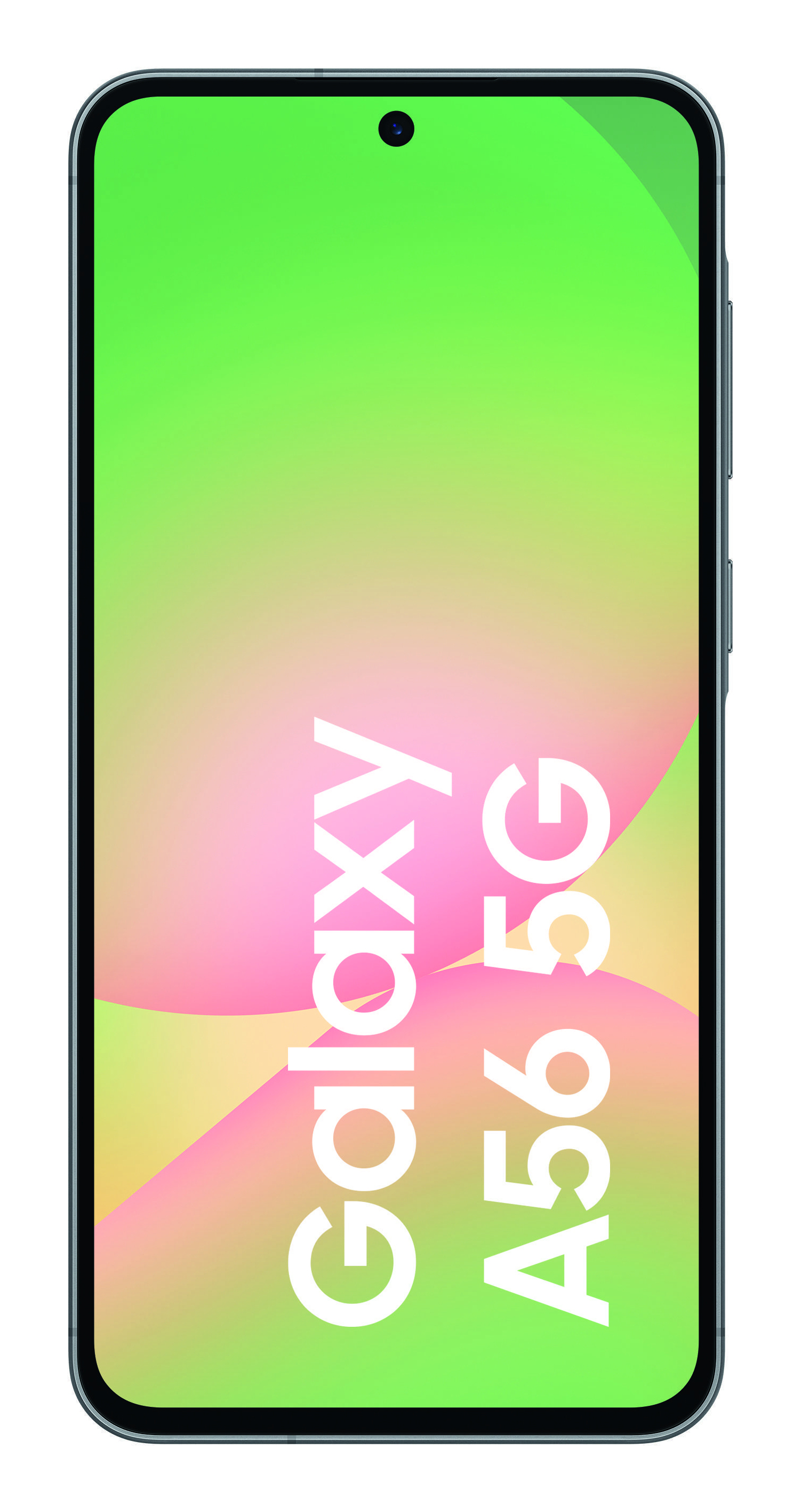 Smartphone con sfondo sfumato verde e rosa e testo bianco Galaxy A56 5G sullo schermo.