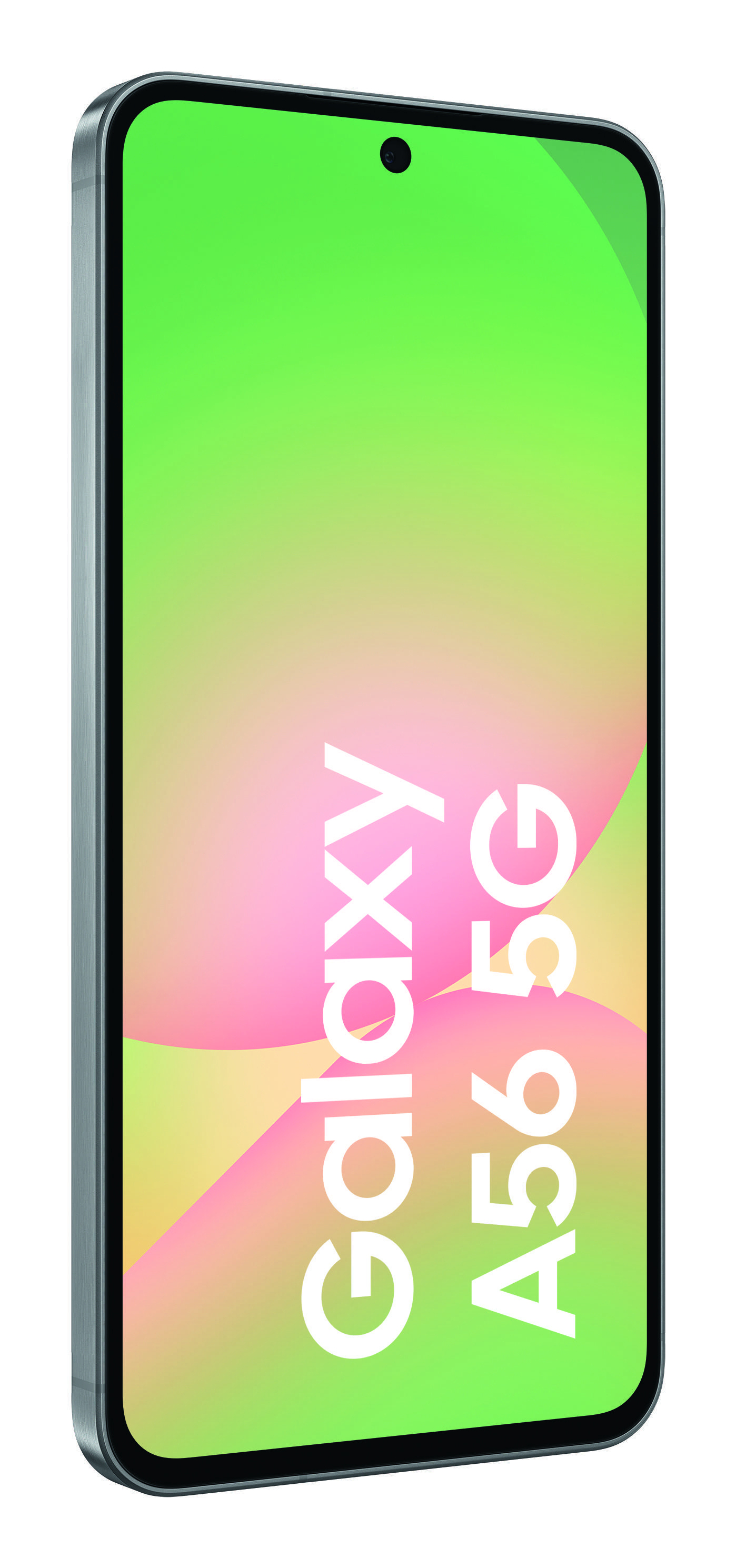 Smartphone Galaxy A56 5G in argento con schermo colorato.